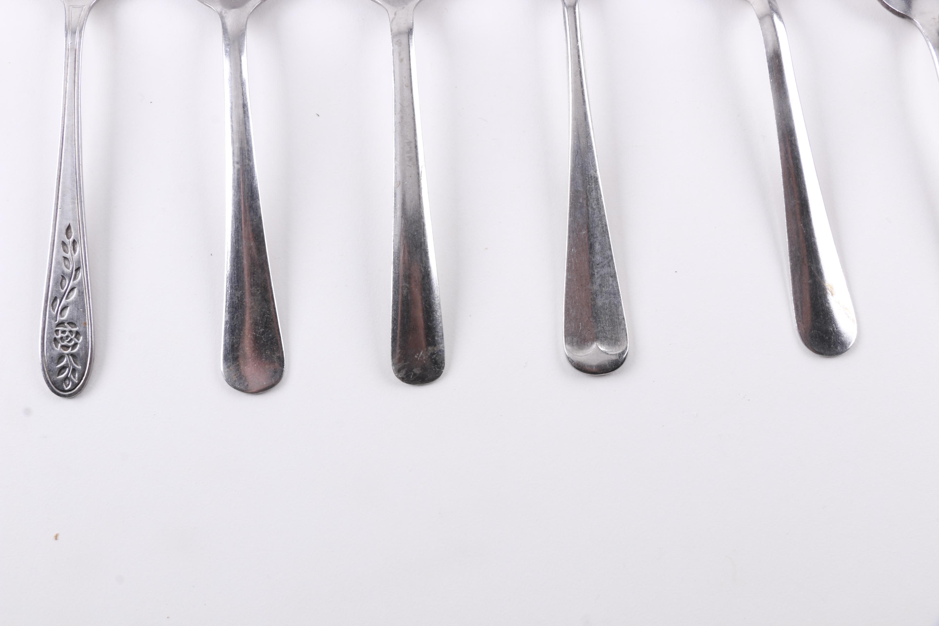 Sheffield Silver Plate Spoon and Assorted Stainless Steel Flatware