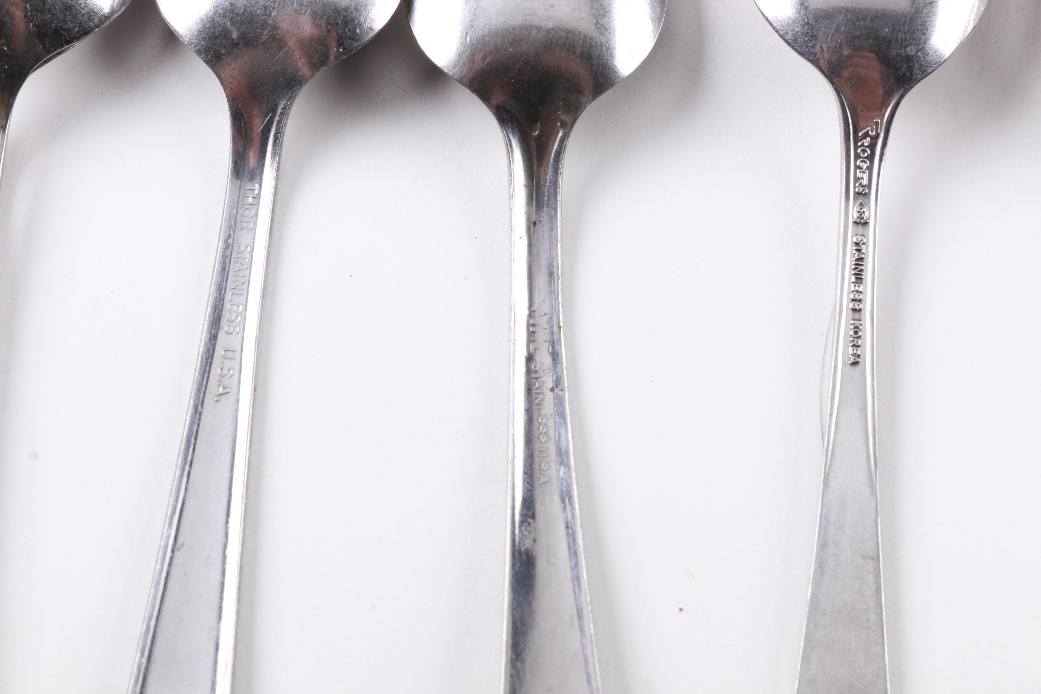 Sheffield Silver Plate Spoon and Assorted Stainless Steel Flatware