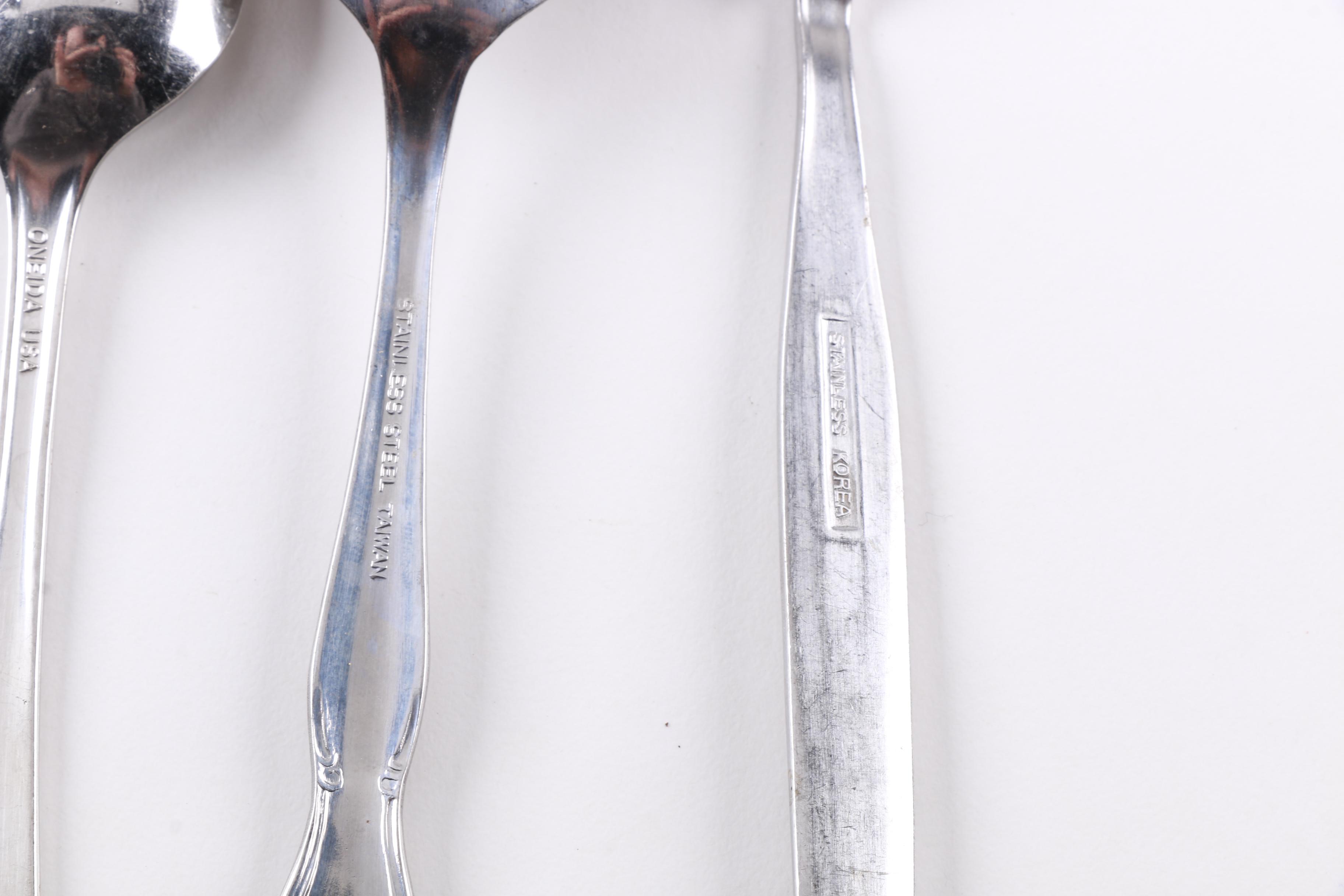 Sheffield Silver Plate Spoon and Assorted Stainless Steel Flatware