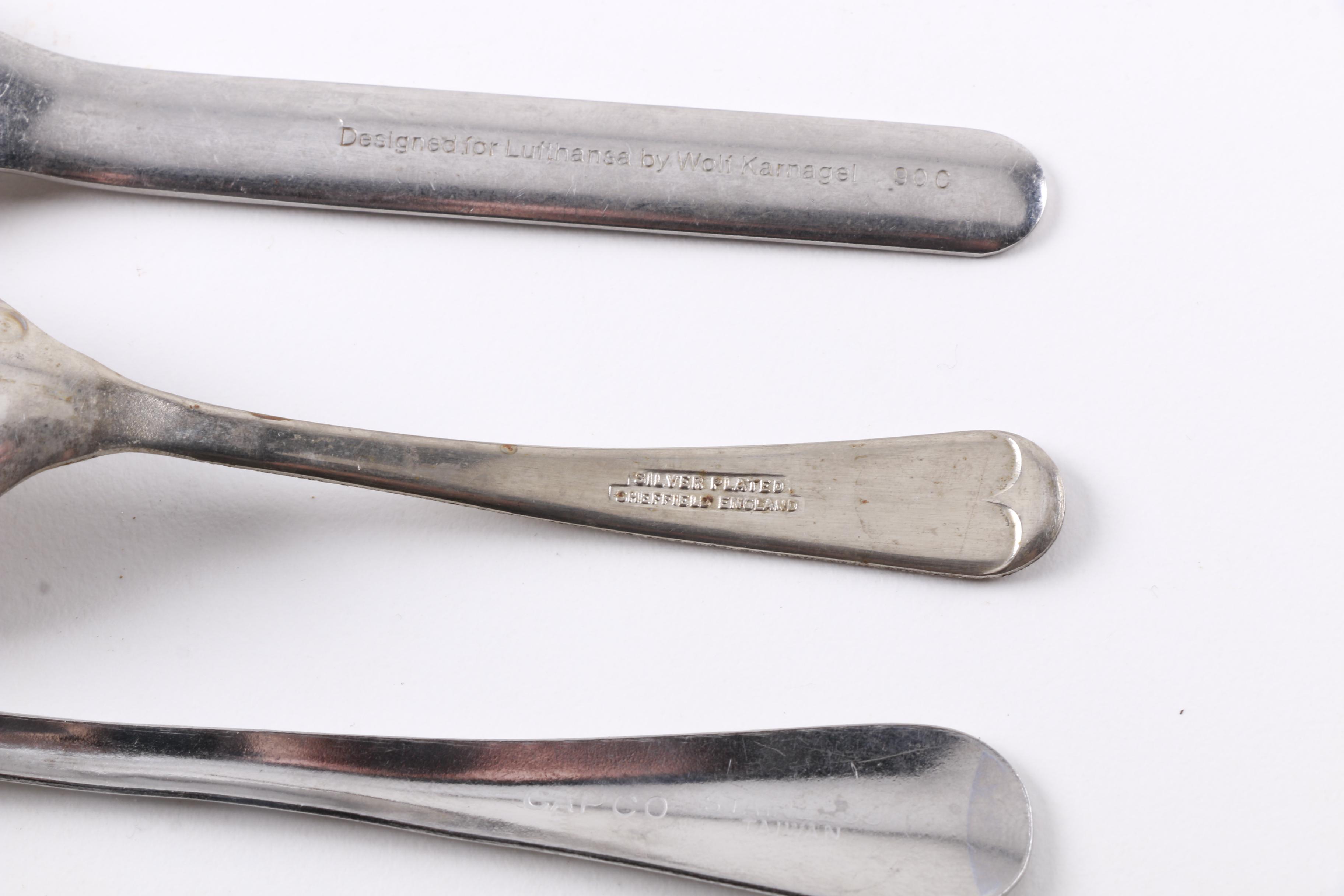 Sheffield Silver Plate Spoon and Assorted Stainless Steel Flatware