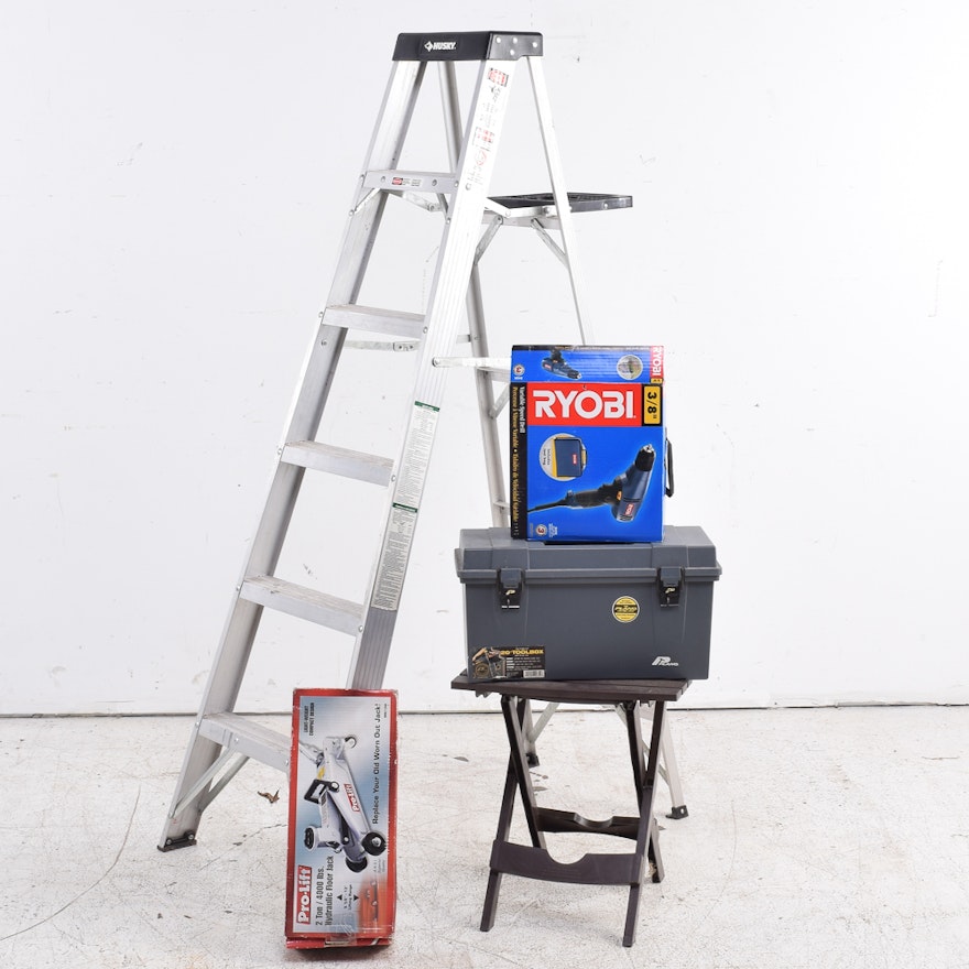 Husky Ladder with Assorted Tools and Folding Table