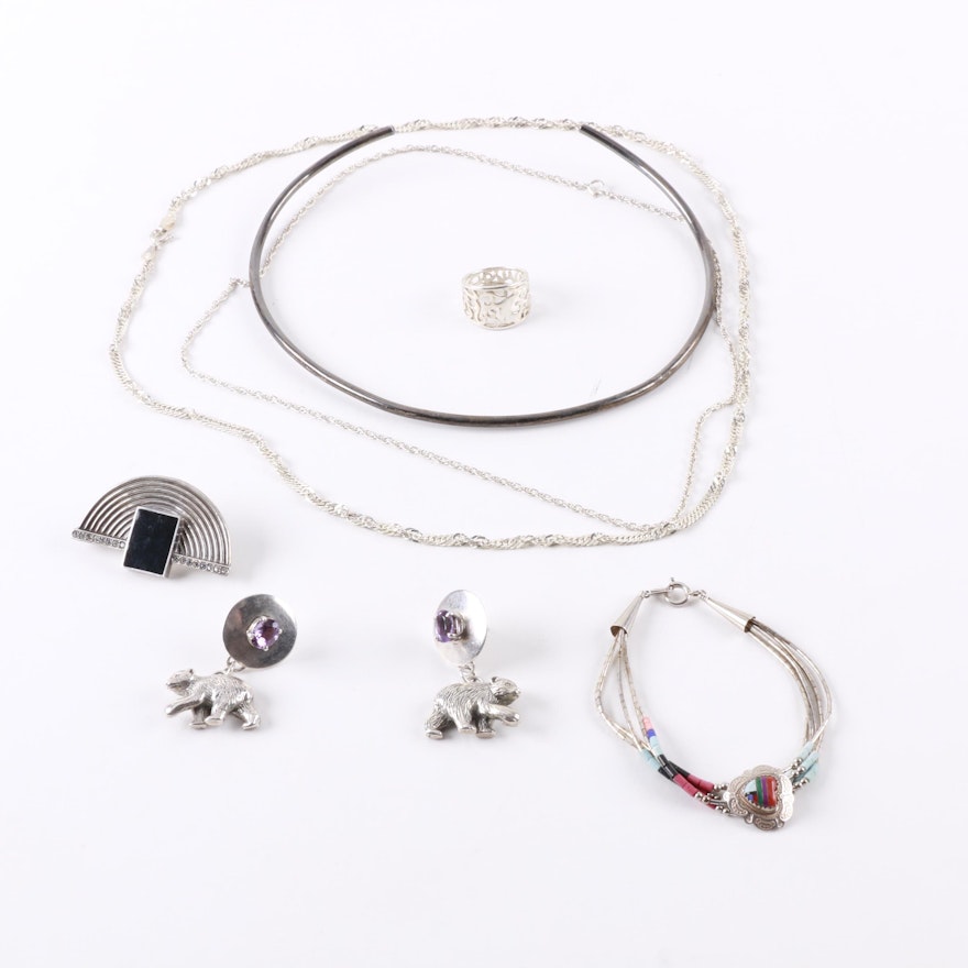 Selection of Sterling Silver Jewelry Including Southwest Style Pieces