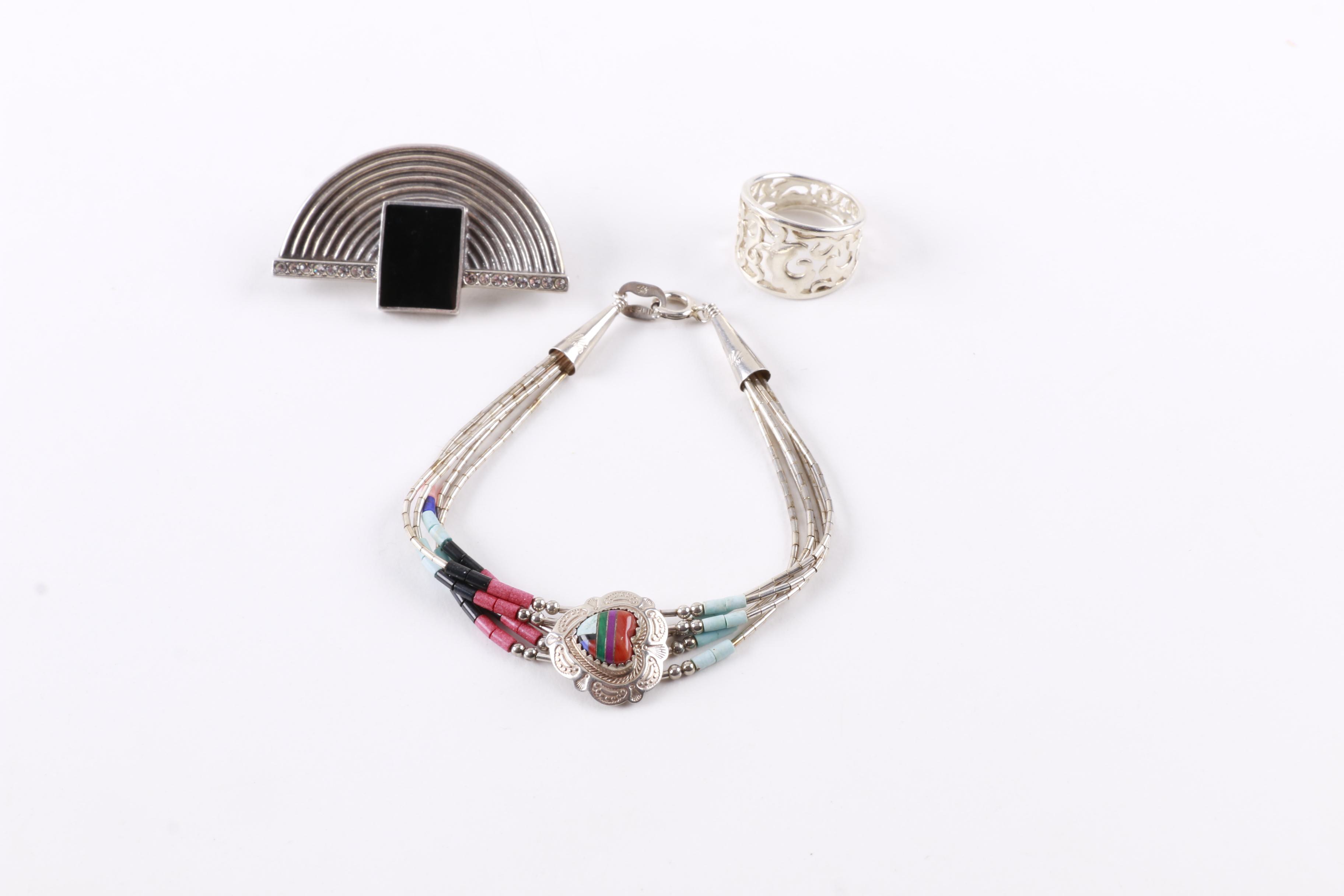 Selection of Sterling Silver Jewelry Including Southwest Style Pieces