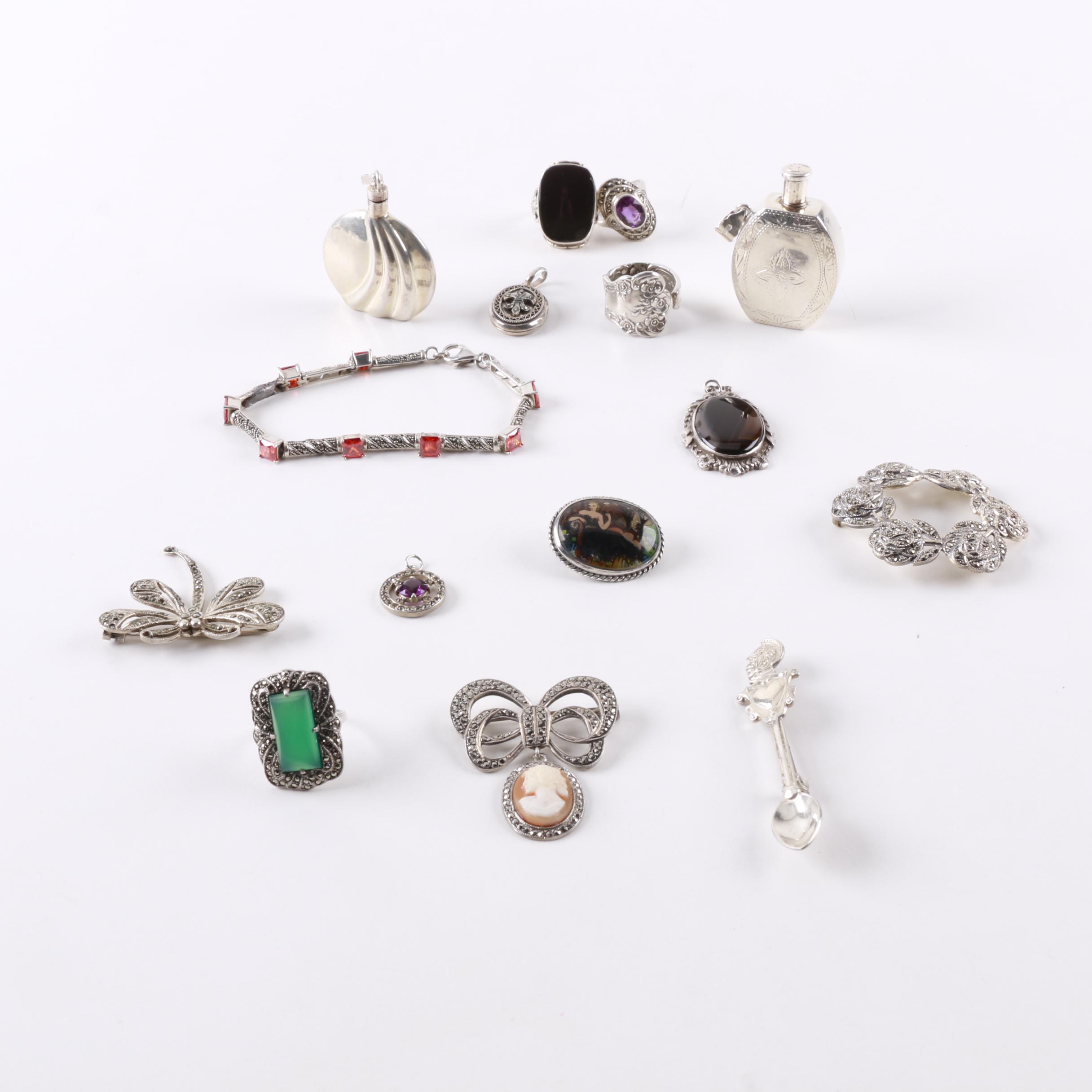 Grouping of Sterling Silver Jewelry and Perfume Bottles