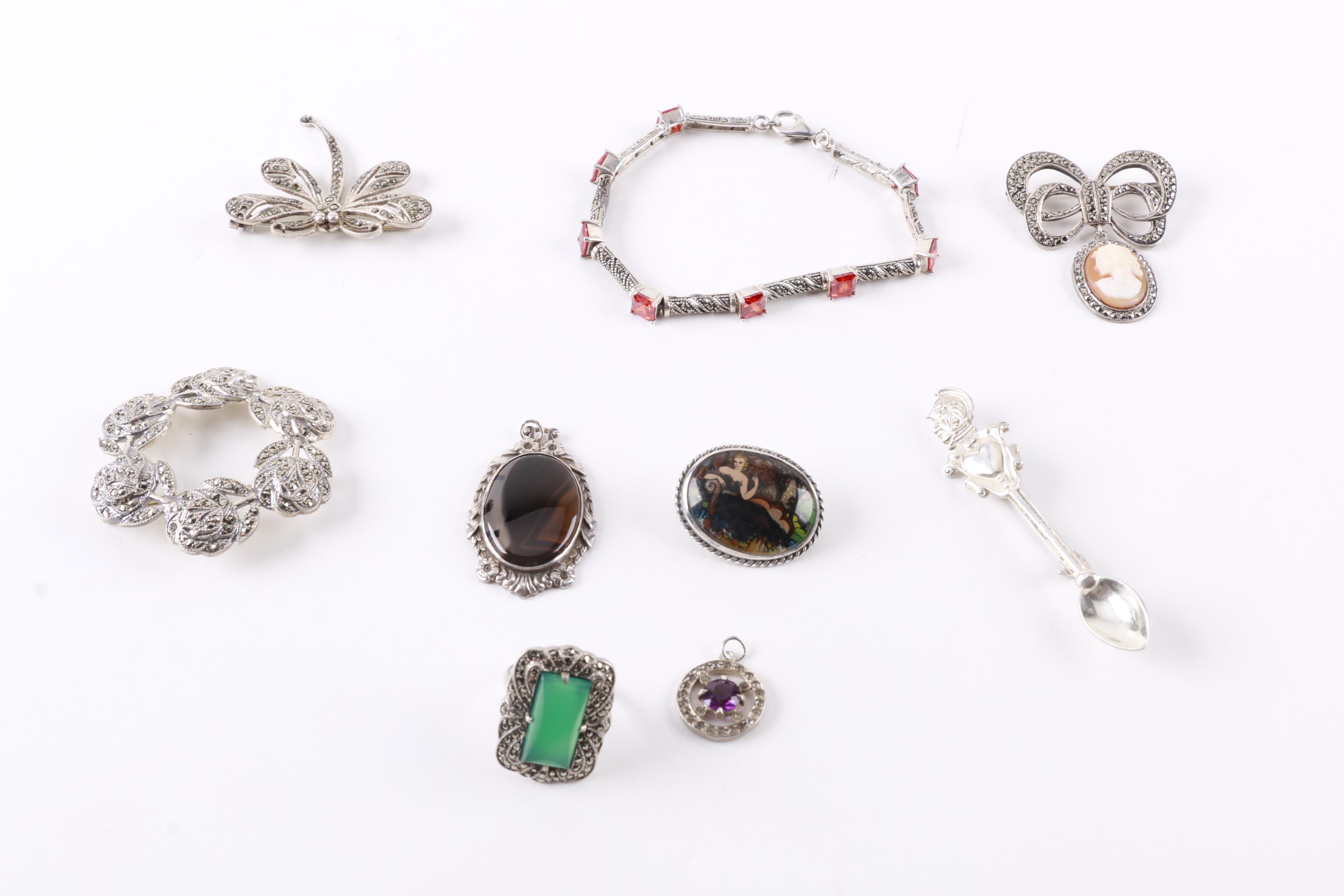 Grouping of Sterling Silver Jewelry and Perfume Bottles