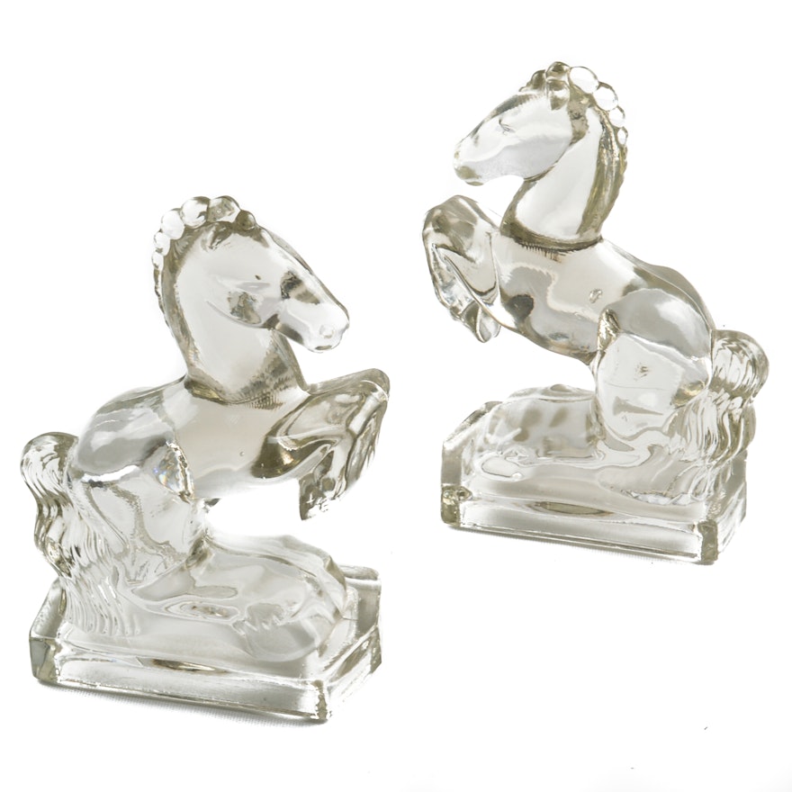 Mid-Century L.E. Smith Clear Glass Horse Bookends
