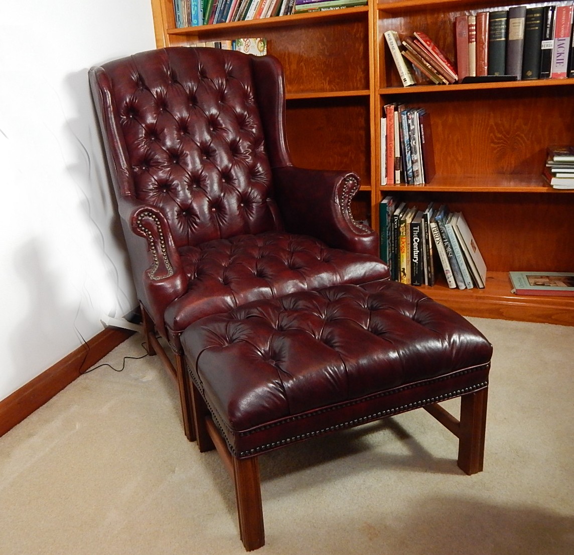 Sam Moore Burgundy Faux Leather Chair and Ottoman