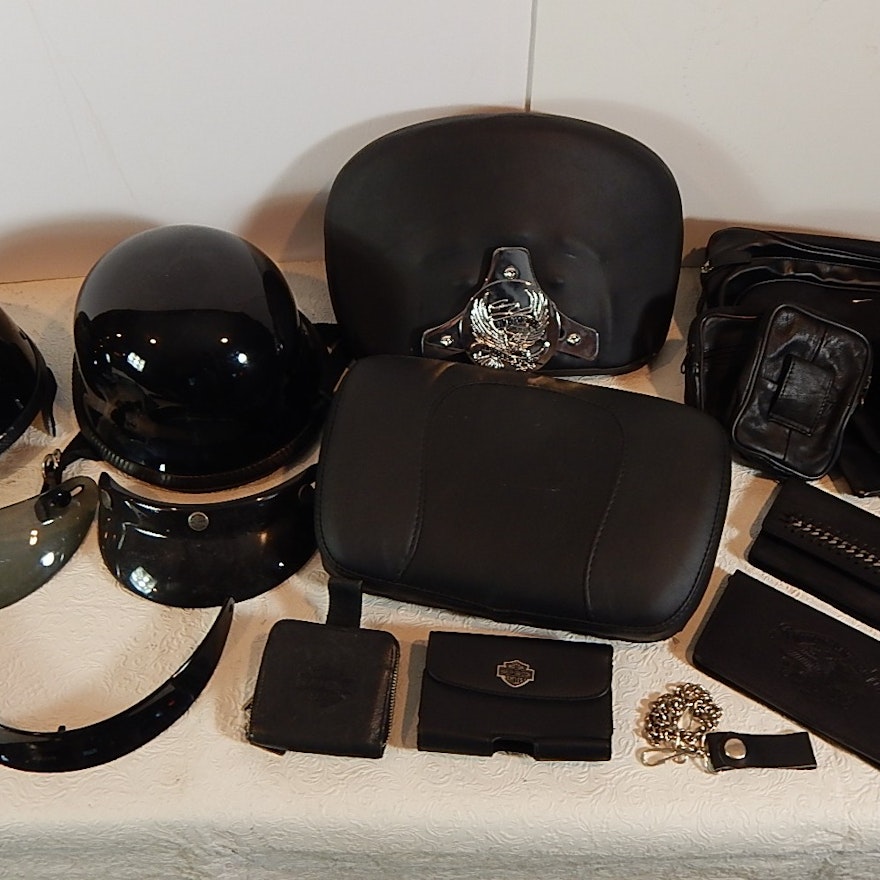 Motorcycle Items with Harley-Davidson, Helmets, Leather Wallets, and More