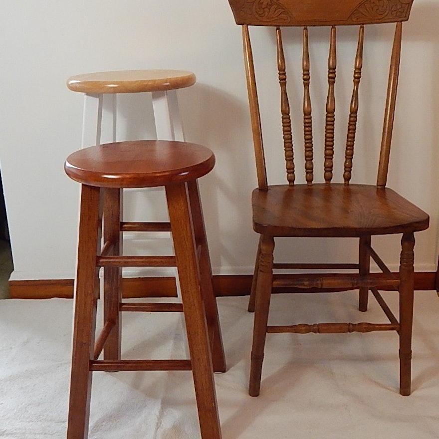 Pressed Back Chair and Two Stools