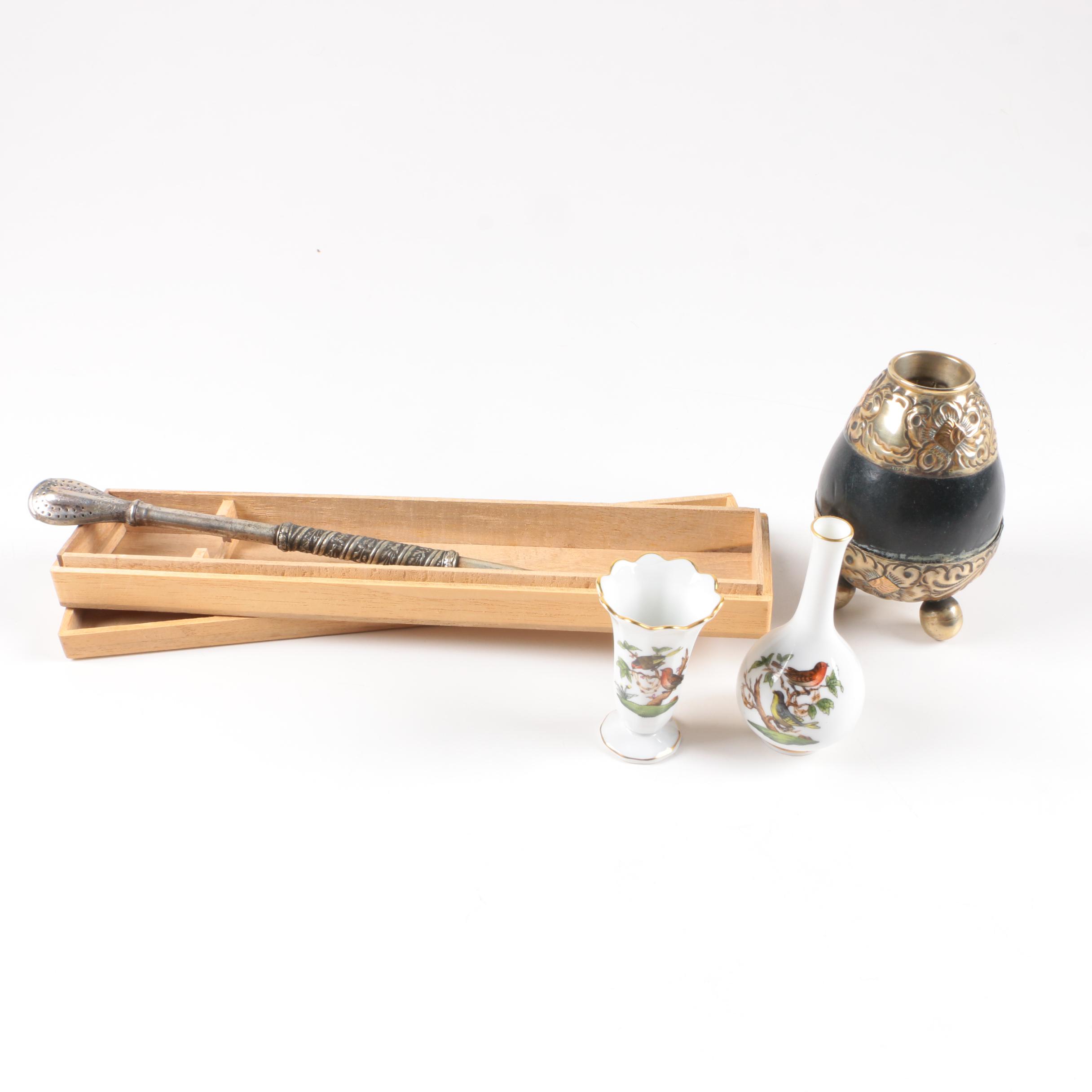 Herend "Rothchild Bird" Porcelain Bud Vases and Argentinian Mate Cup Set