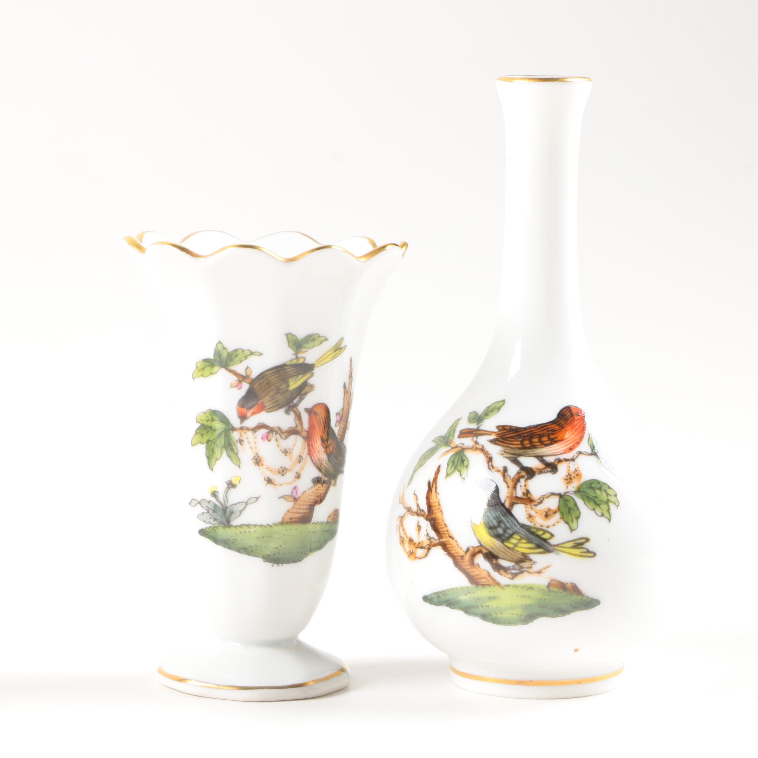 Herend "Rothchild Bird" Porcelain Bud Vases and Argentinian Mate Cup Set