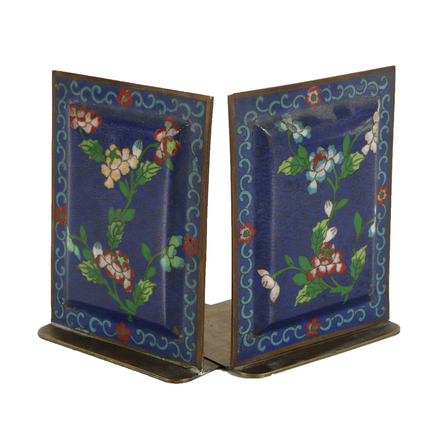 Pair of Chinese Cloisonné Bookends with Floral Motif