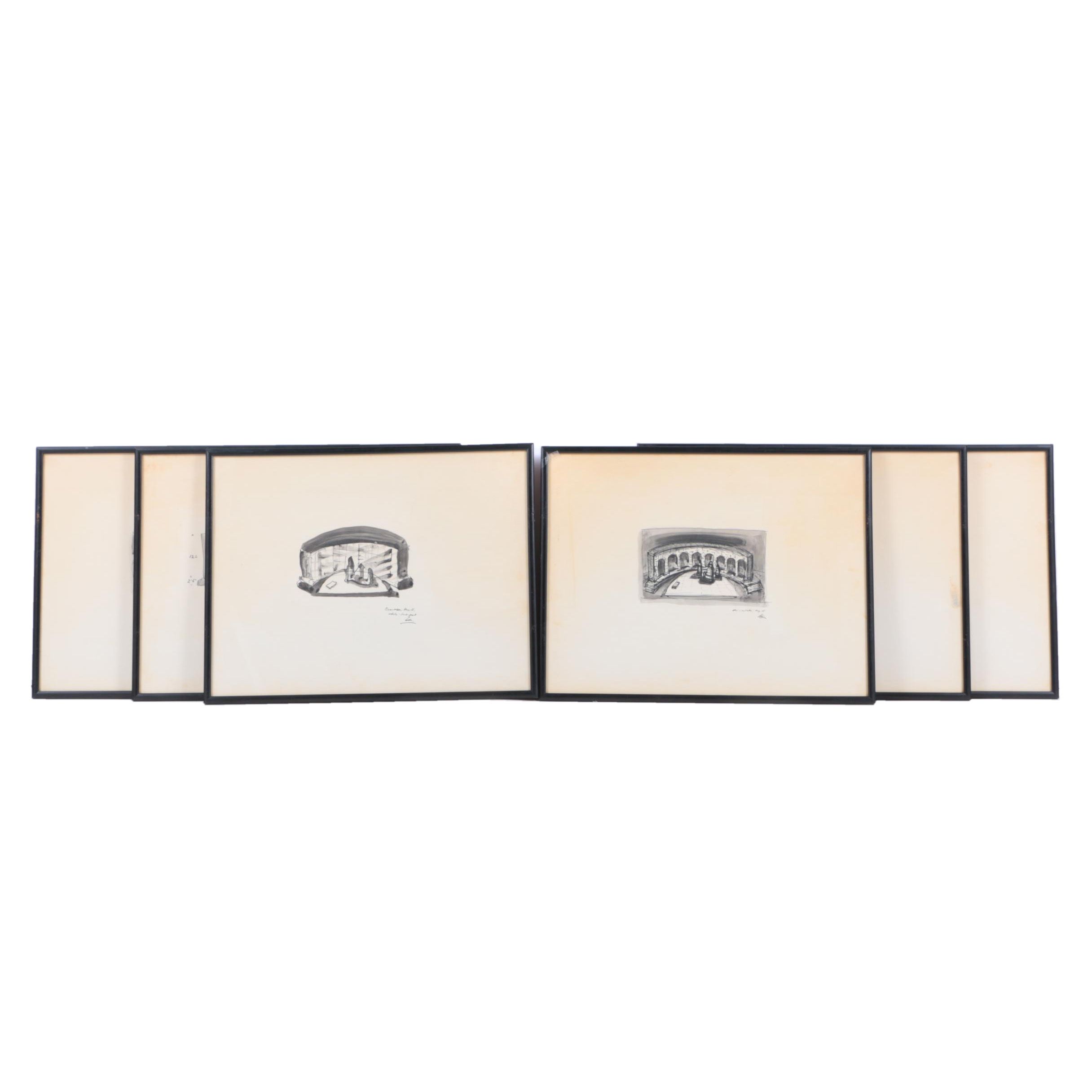 Frederick J. Kiesler Ink Sketches of Set Designs for Pirandello's "Henry IV"