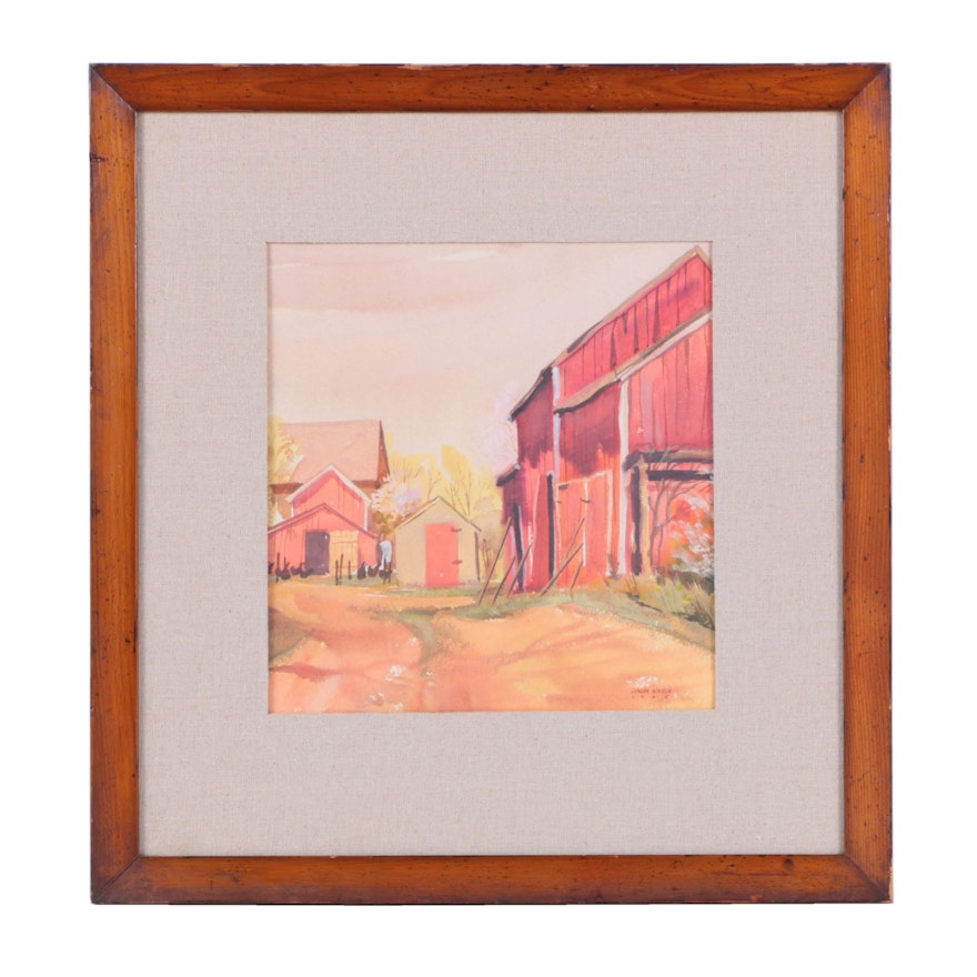 Lenore Hirsch Watercolor and Gouache Painting of Farm Scene