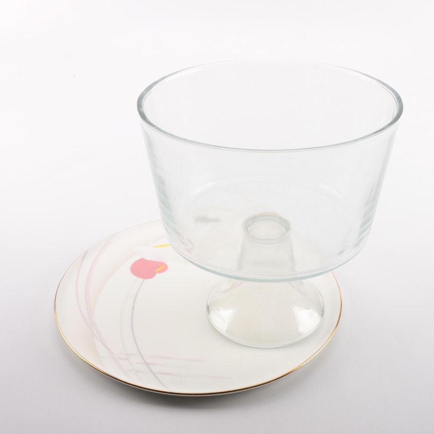 Glass Trifle Bowl and Mikasa "Anthurium" Bone China Plate