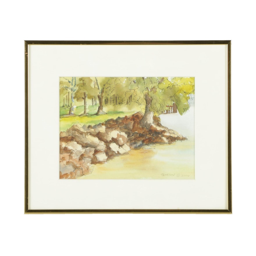 Ruth G. Thomson Watercolor and Ink Painting "Summer Morning in Founders Park"