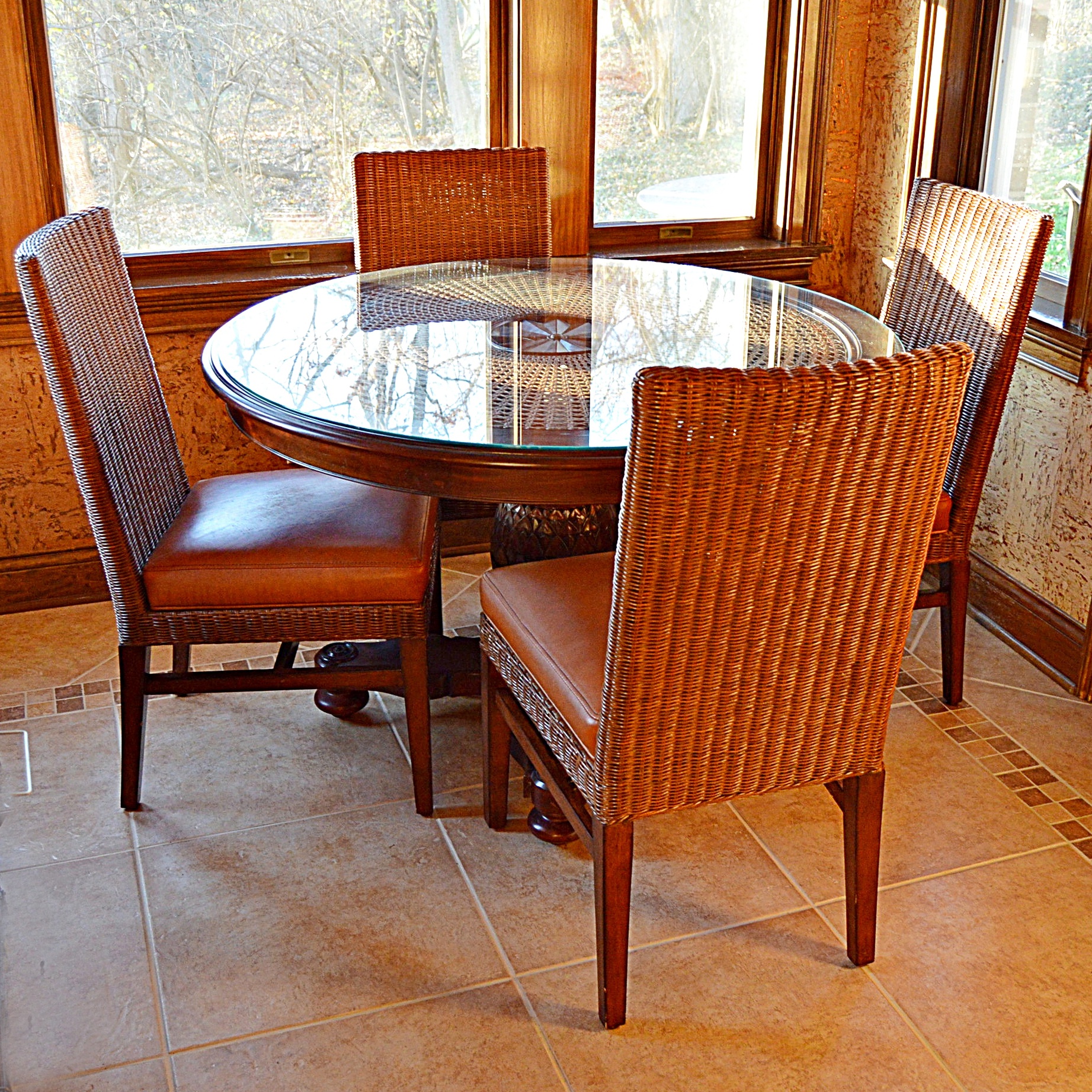 Ethan Allen Wicker and Wood Dining Set with Round Pedestal Table and Four Chairs