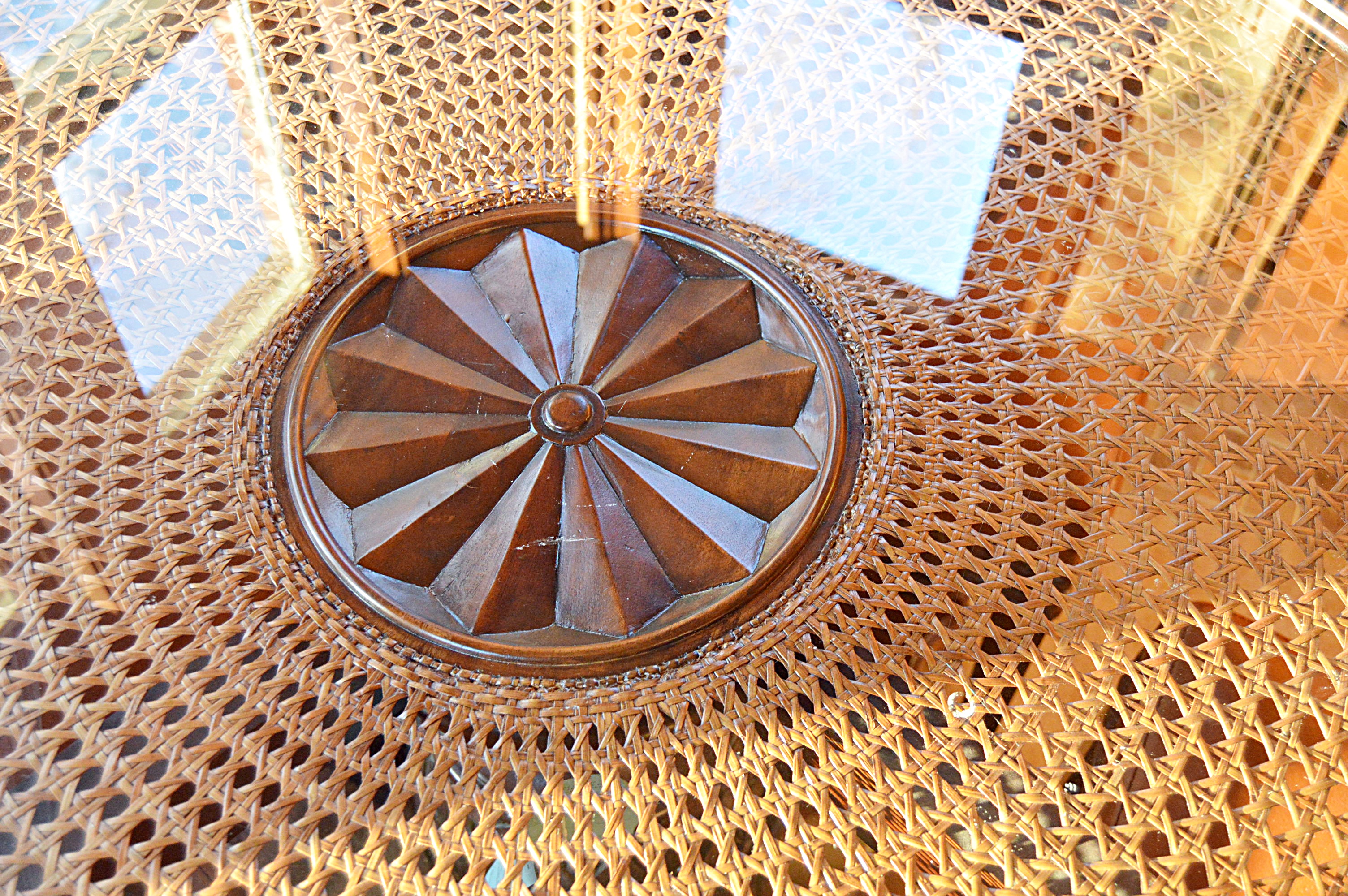 Ethan Allen Wicker and Wood Dining Set with Round Pedestal Table and Four Chairs