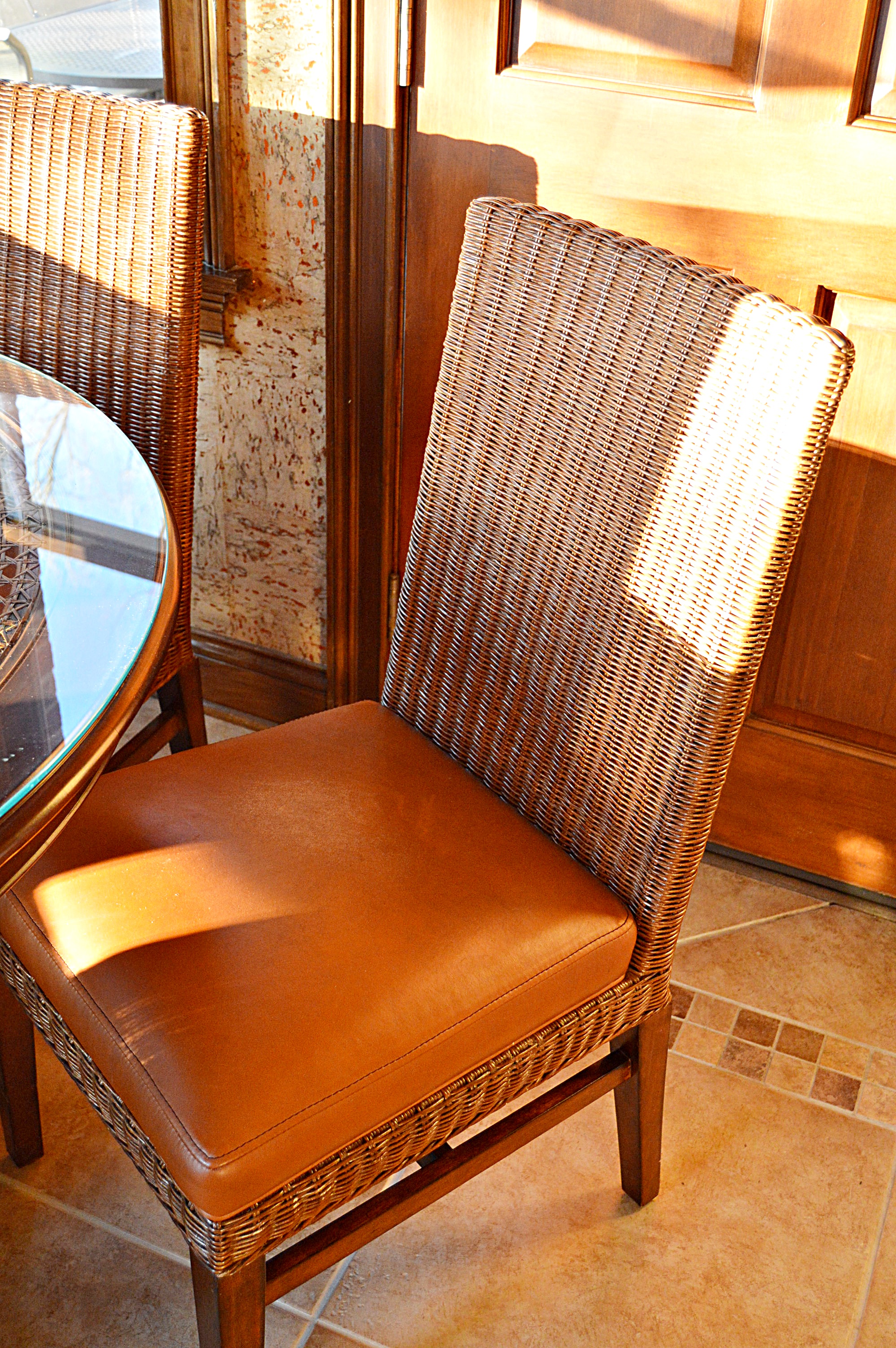 Ethan Allen Wicker and Wood Dining Set with Round Pedestal Table and Four Chairs