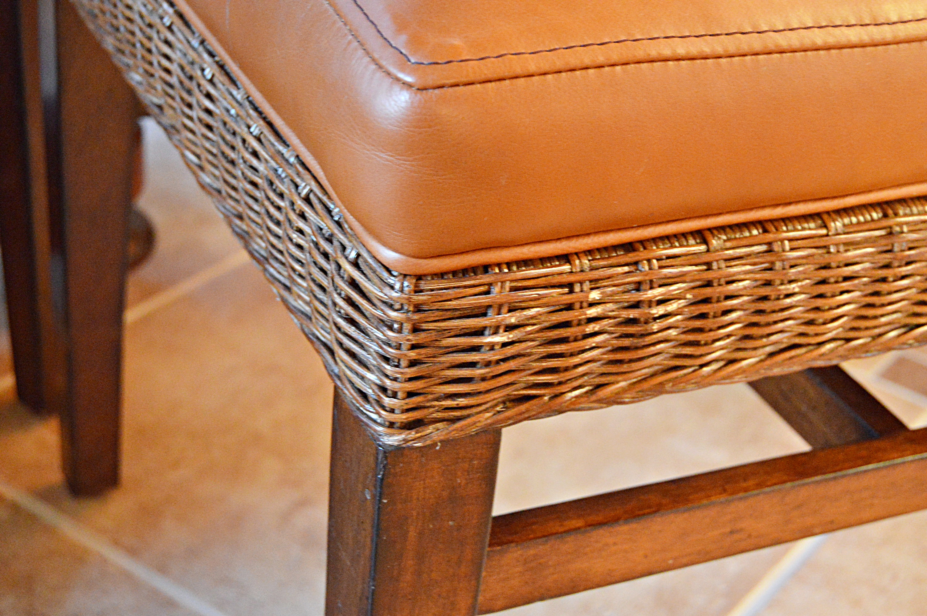 Ethan Allen Wicker and Wood Dining Set with Round Pedestal Table and Four Chairs