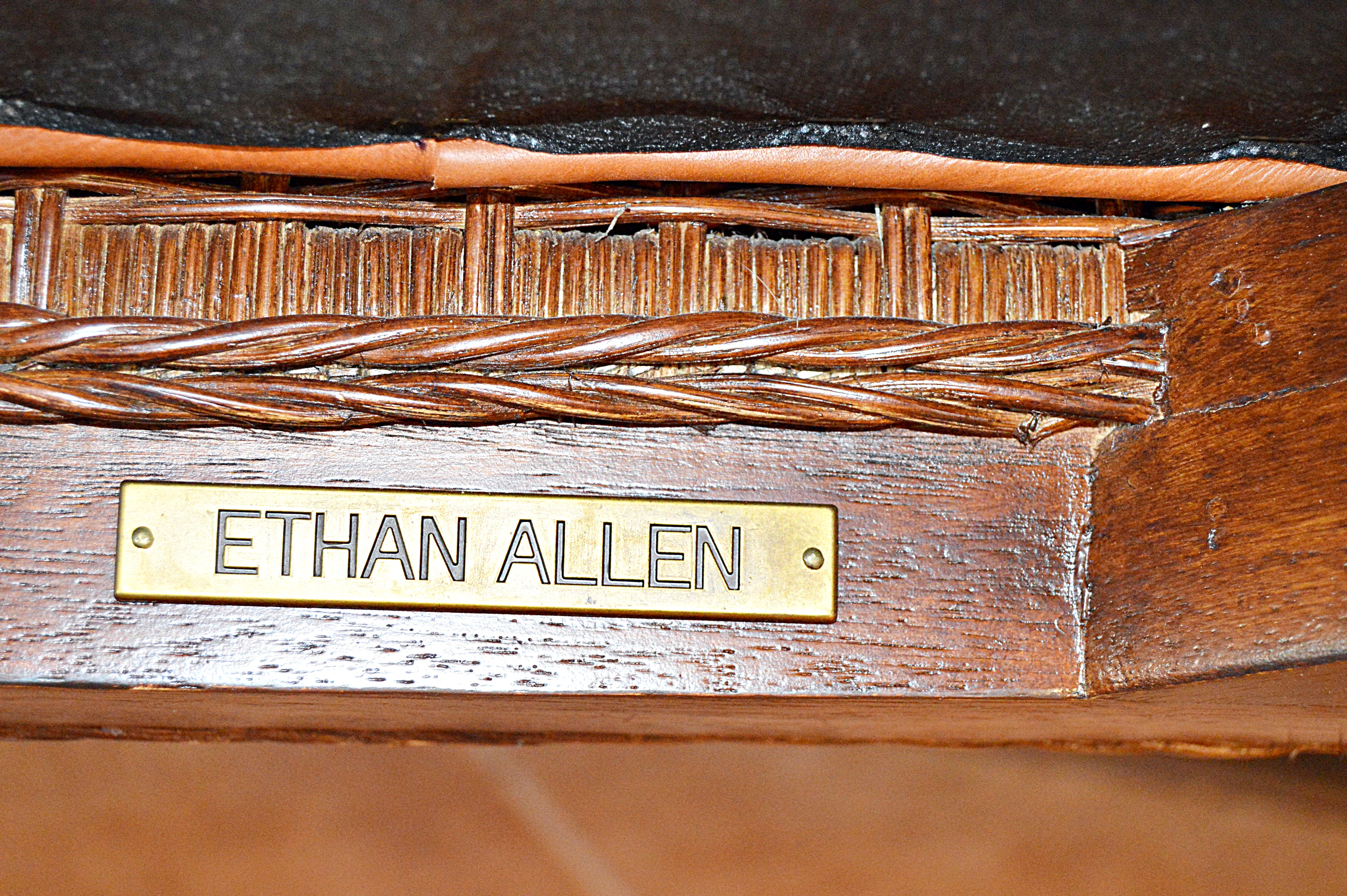 Ethan Allen Wicker and Wood Dining Set with Round Pedestal Table and Four Chairs