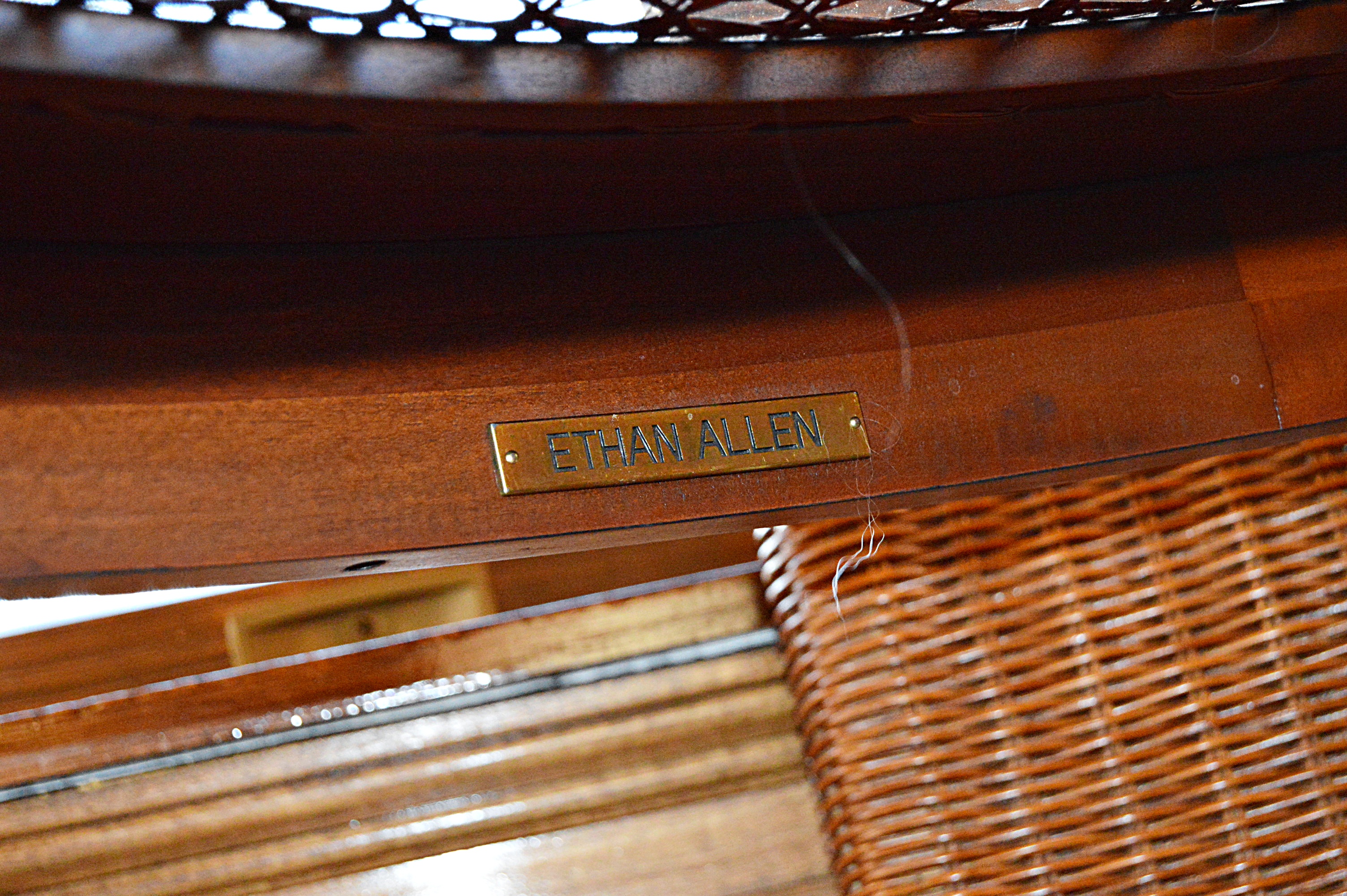 Ethan Allen Wicker and Wood Dining Set with Round Pedestal Table and Four Chairs