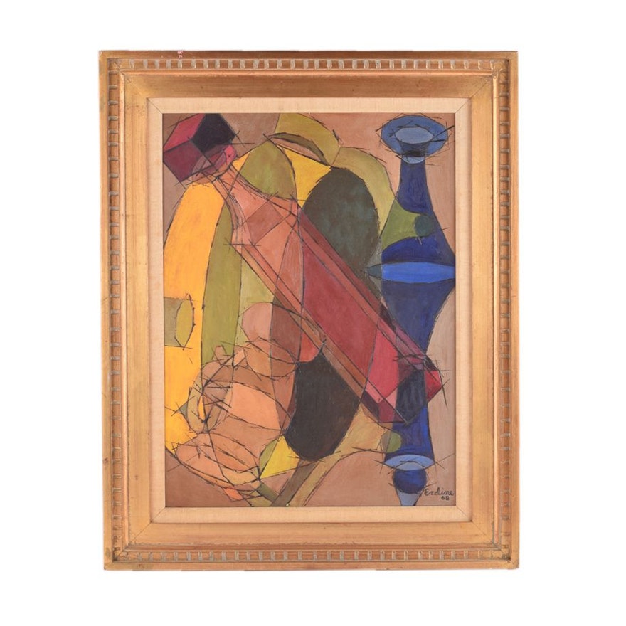 Erdine 1968 Cubist Oil Painting on Canvas