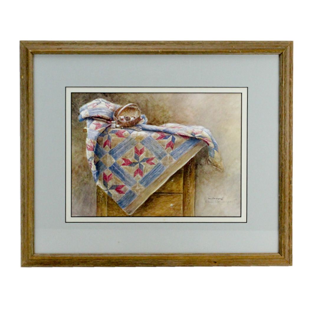 Lou Davenport 1980s Offset Lithograph Print After Still Life with Quilt
