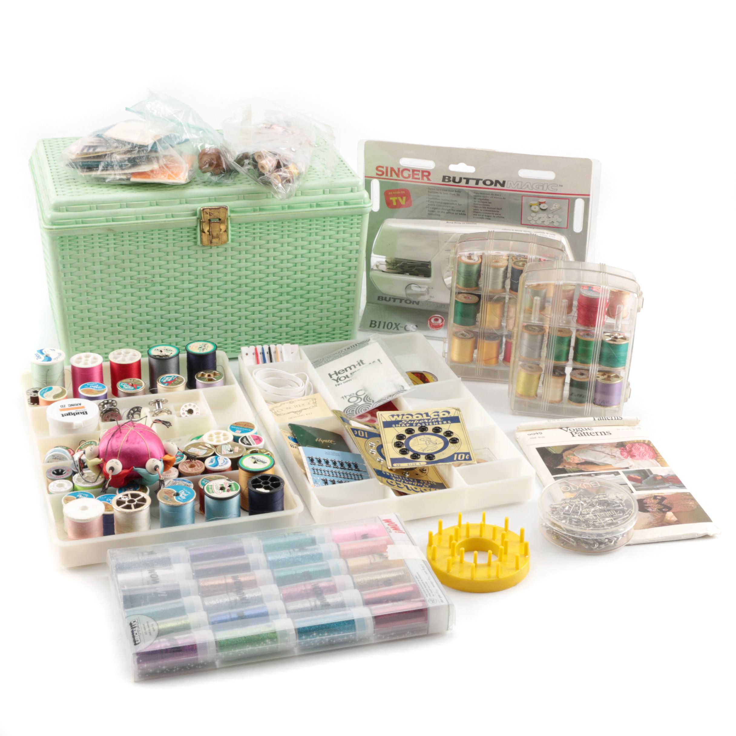 Vintage Sewing Box with Supplies and a Singer Button Magic