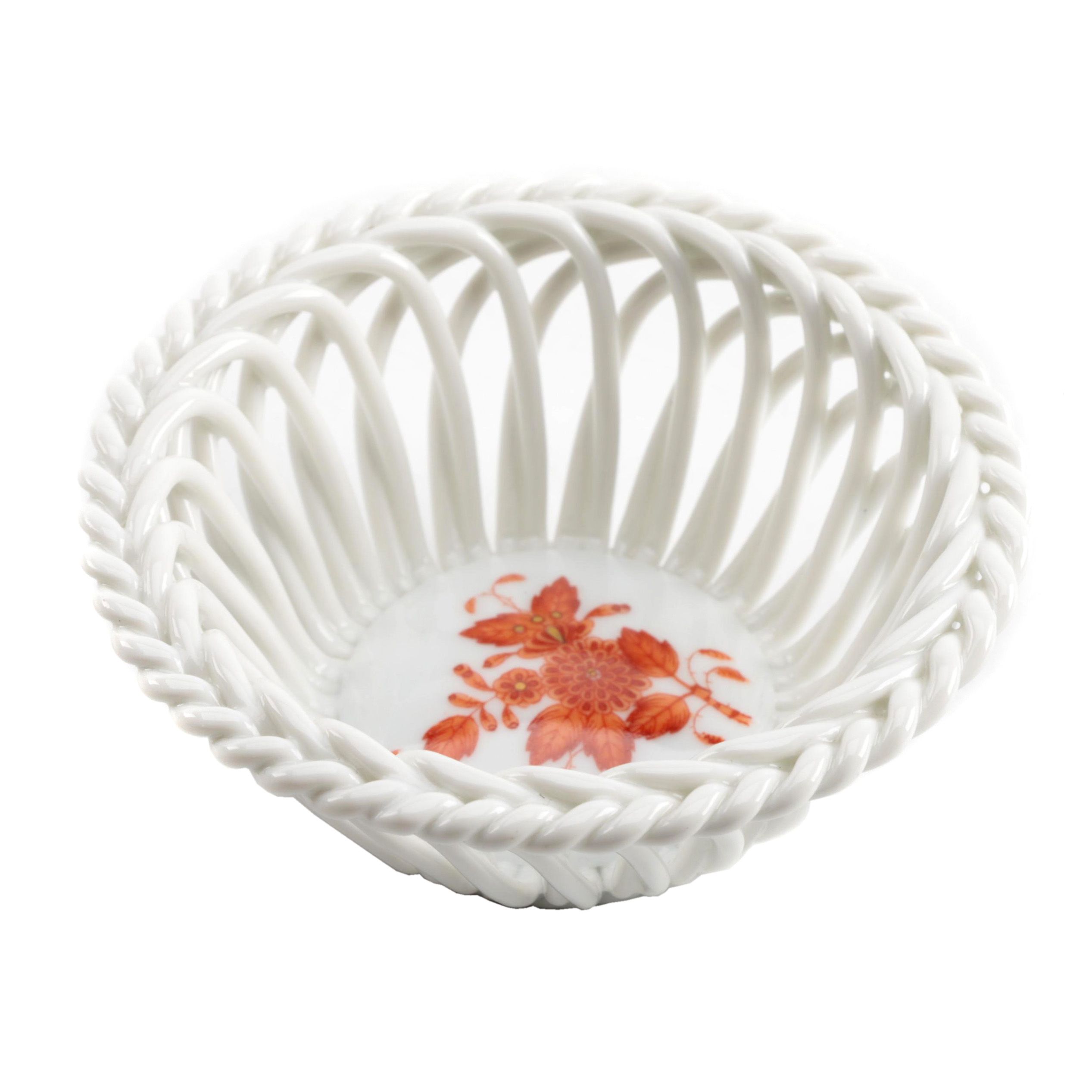 Herend Hungary Porcelain "Chinese Bouquet Rust" Open Weave Basket