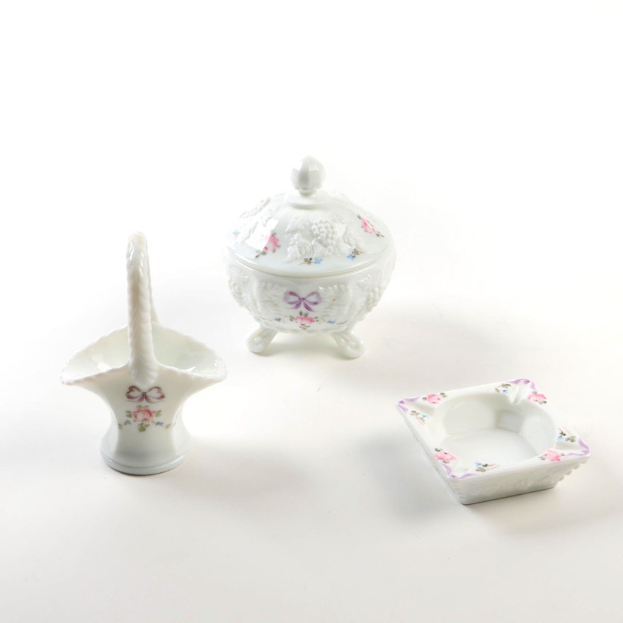 Westmoreland Hand Painted _Roses & Bows_ Milk Glass Decor