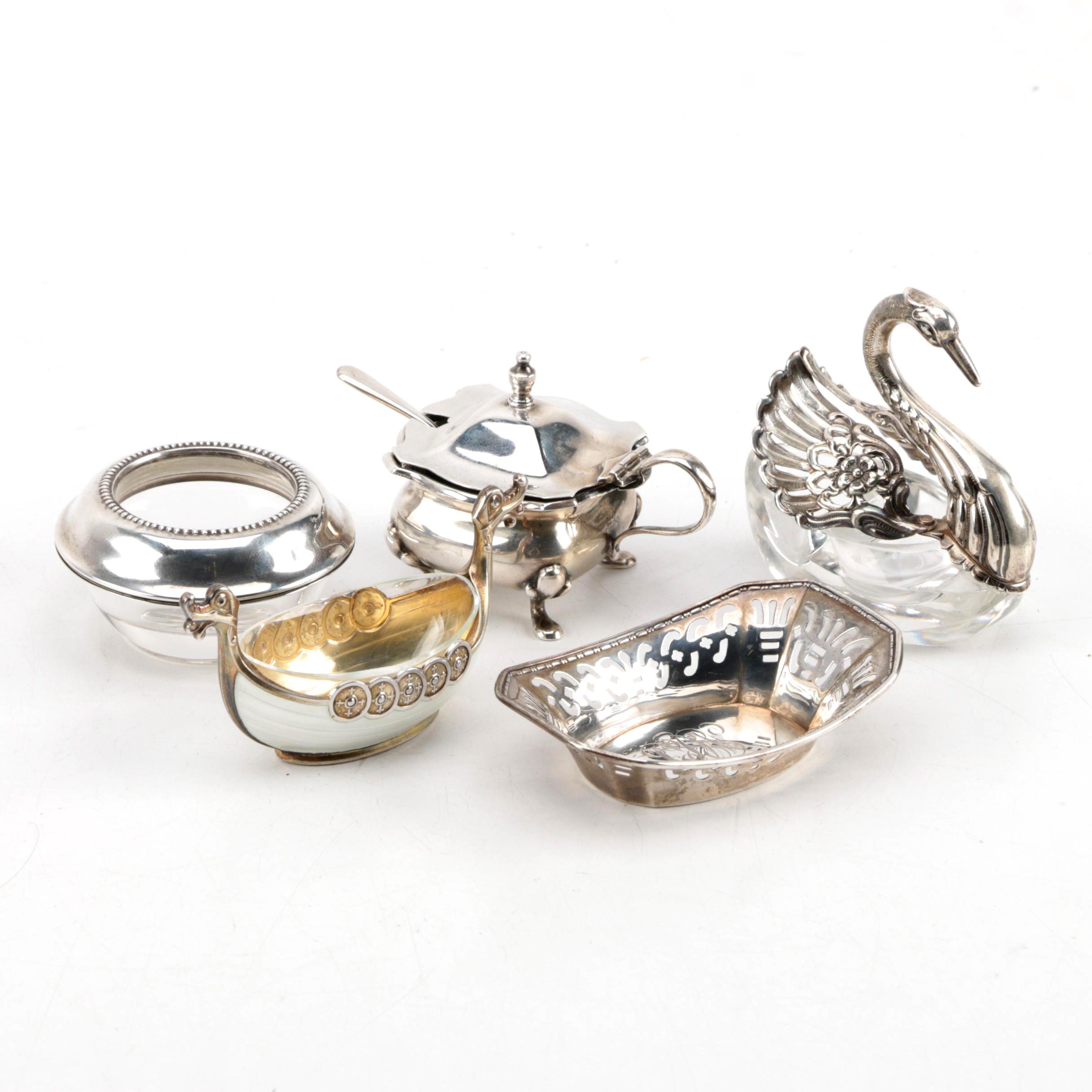 Norwegian Sterling Silver and Enamel Viking Salt Ship and Other Tableware