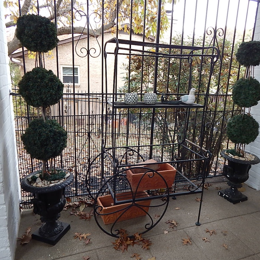 Oversized Black Metal Gardening Cart and Faux Topiary
