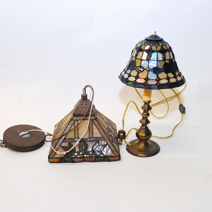 Tiffany Style Slag Glass Pendant Light and Table Lamp