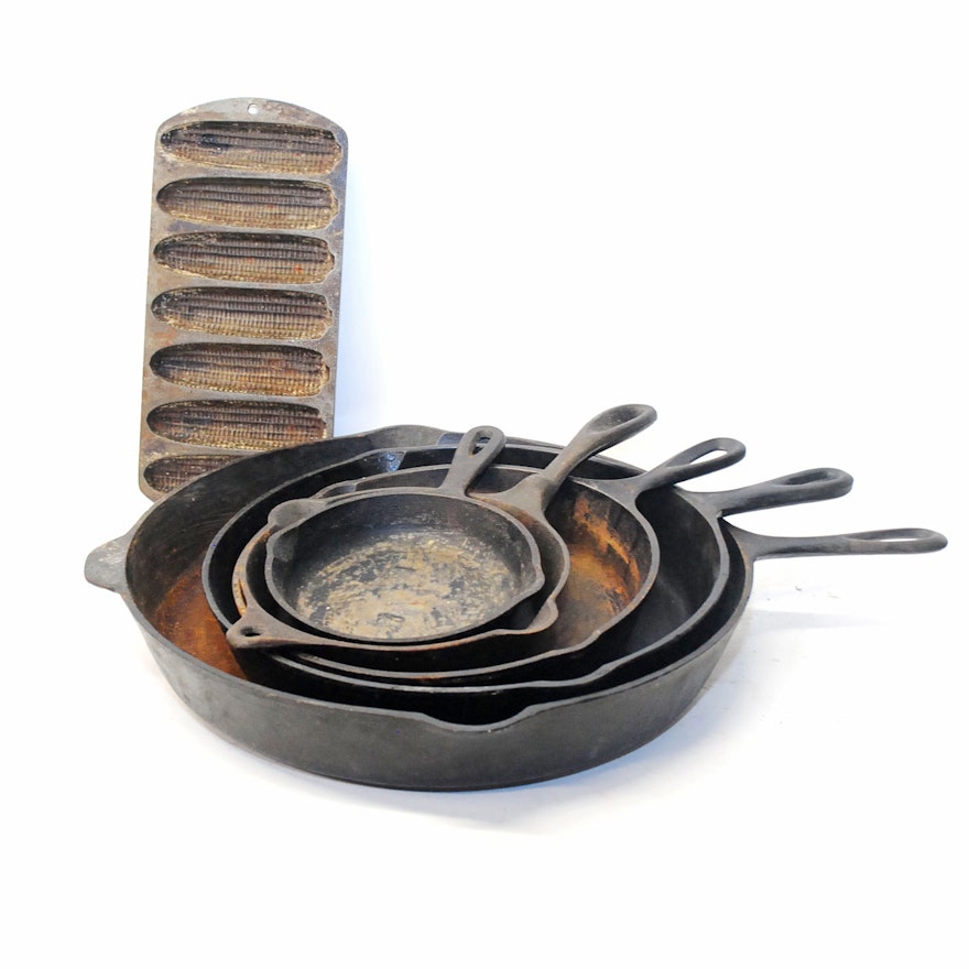 Collection of Cast Iron Skillets and Cornbread Pan