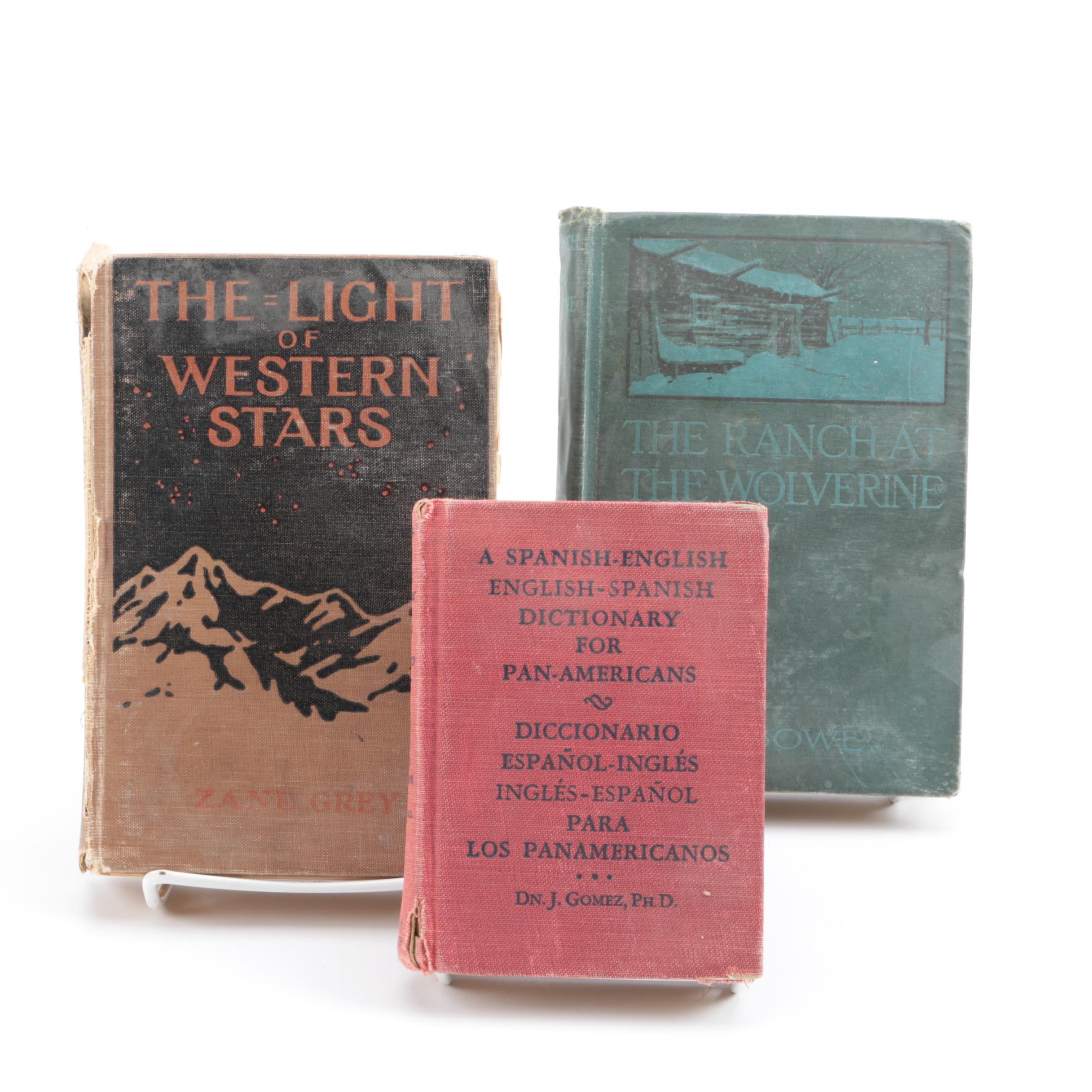 Antique Western Novels and Vintage Spanish-English Dictionary