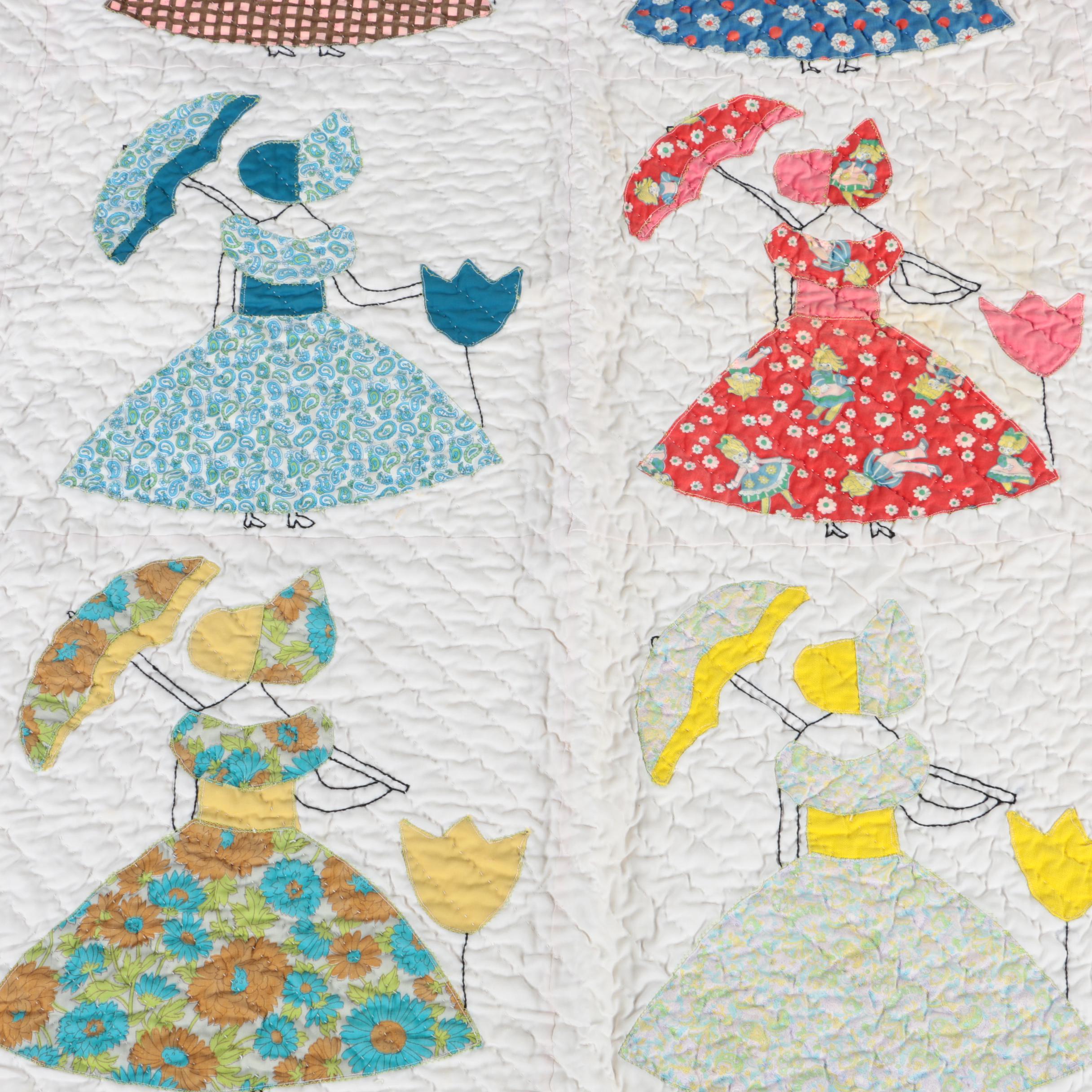 Vintage Handcrafted "Sunbonnet Sue Umbrella Girl" Applique Quilt