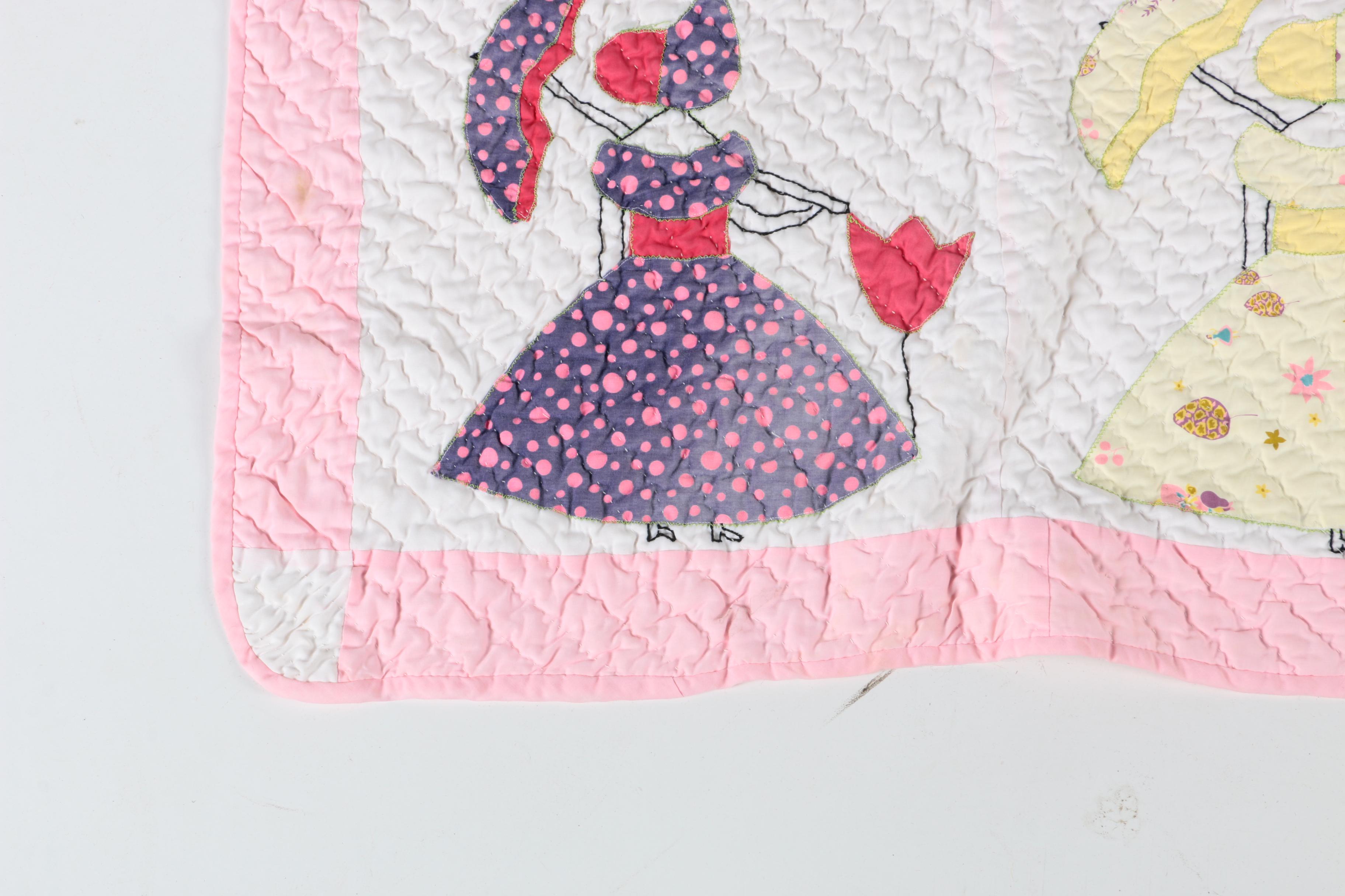 Vintage Handcrafted "Sunbonnet Sue Umbrella Girl" Applique Quilt