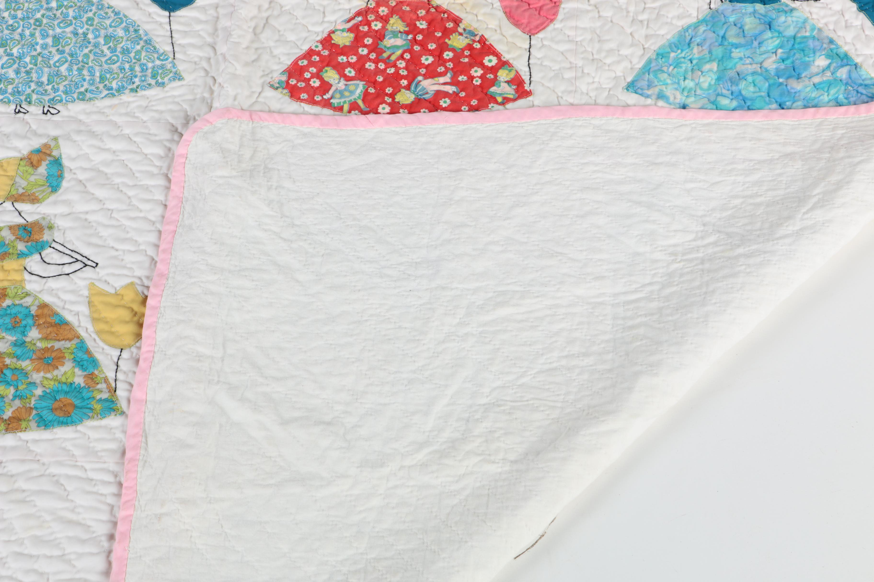 Vintage Handcrafted "Sunbonnet Sue Umbrella Girl" Applique Quilt