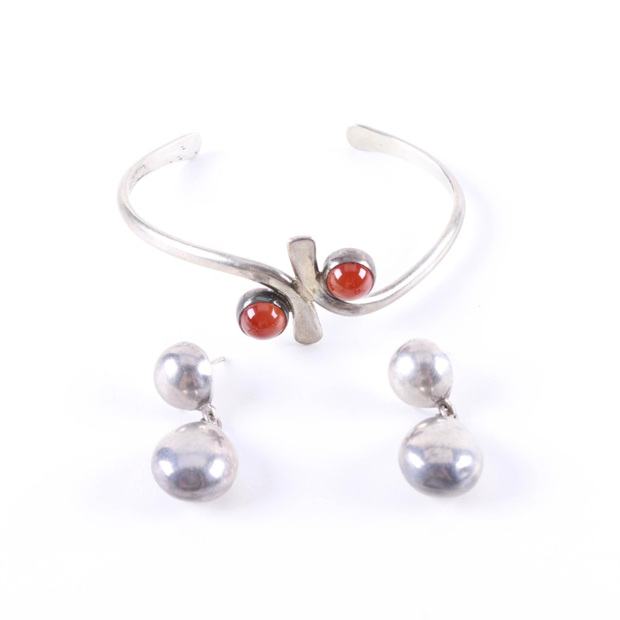 Sterling Bracelet with Carnelian Cabochons and Silver Earrings