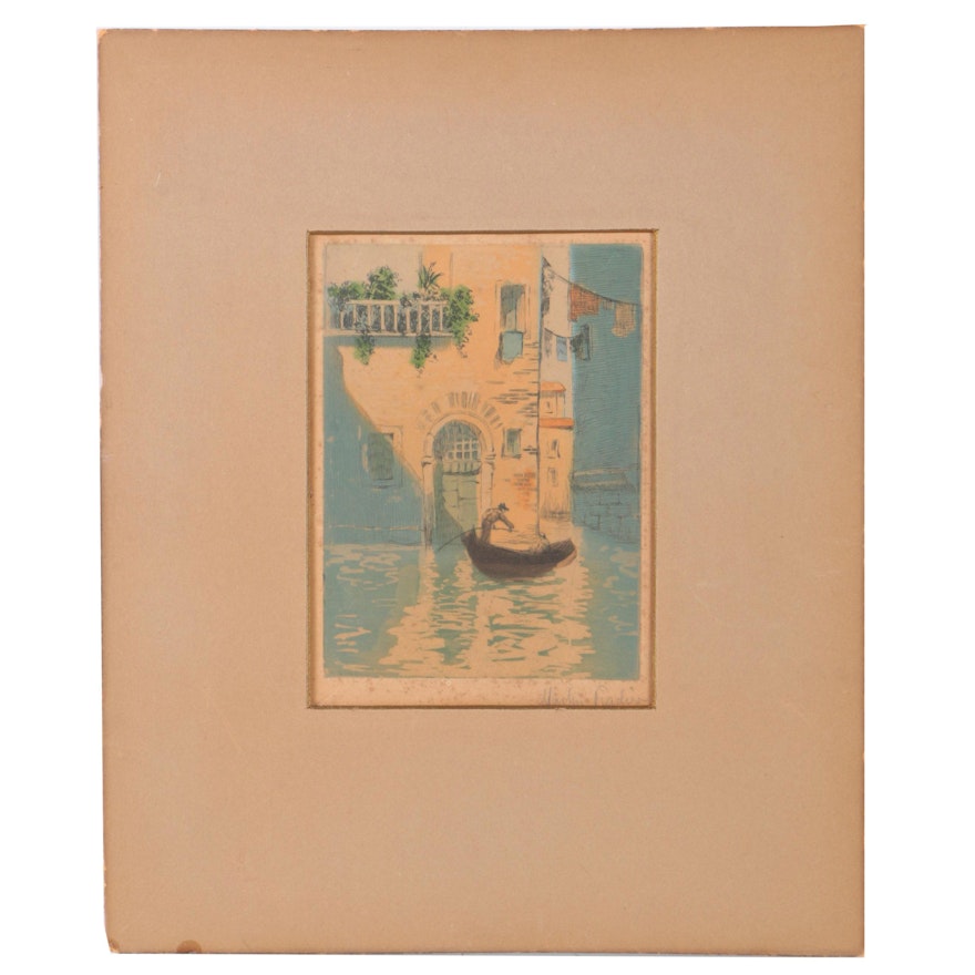 Martin Gradier Hand Colored Etching on Paper of Venetian Canal Scene