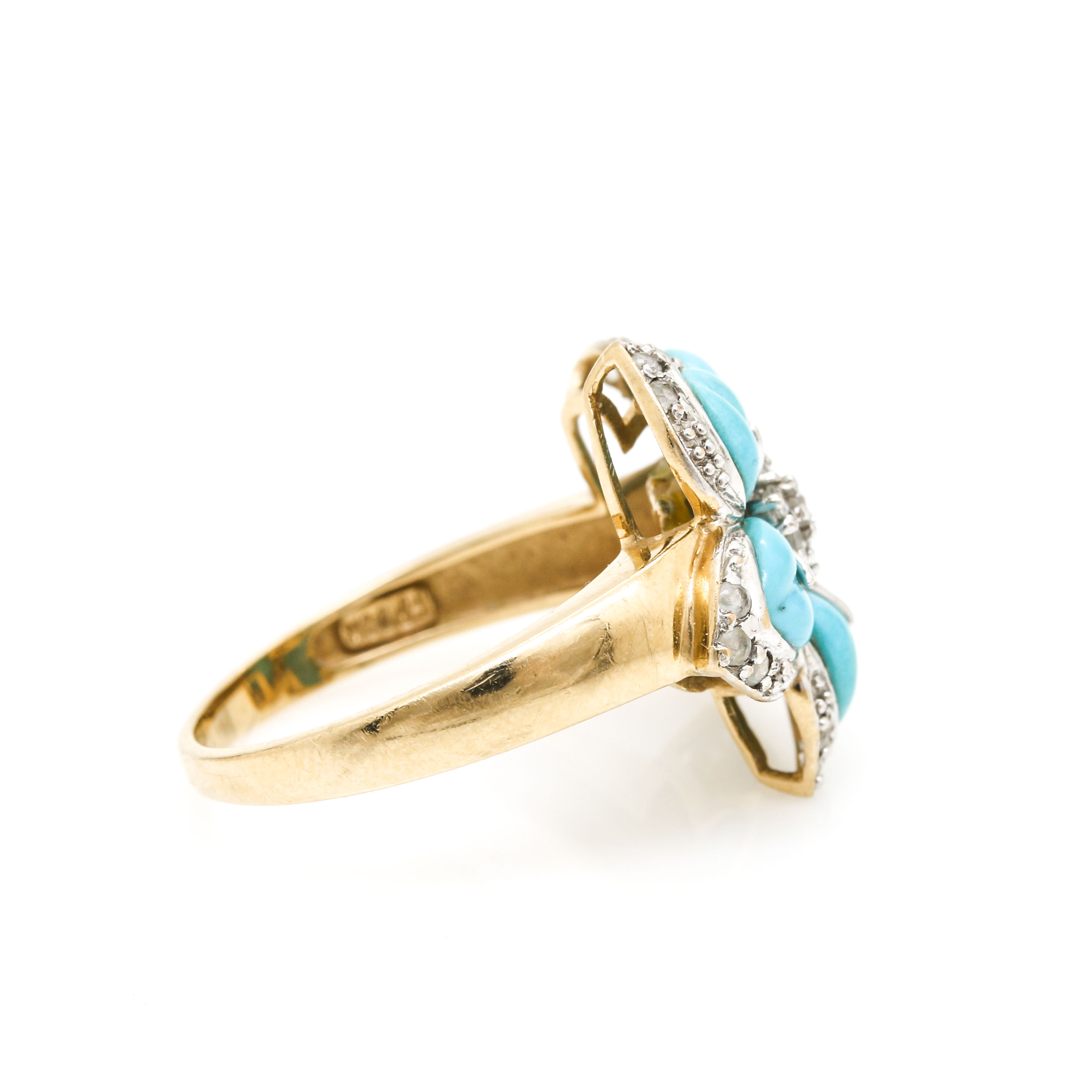 14K Yellow Gold Turquoise and White Spinel Petal Ring