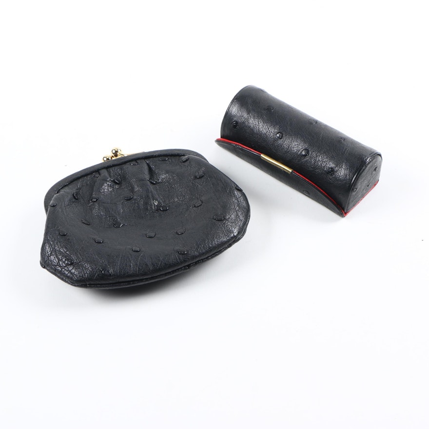 Farhi Black Ostrich Leather Coin Purse and Makeup Tube
