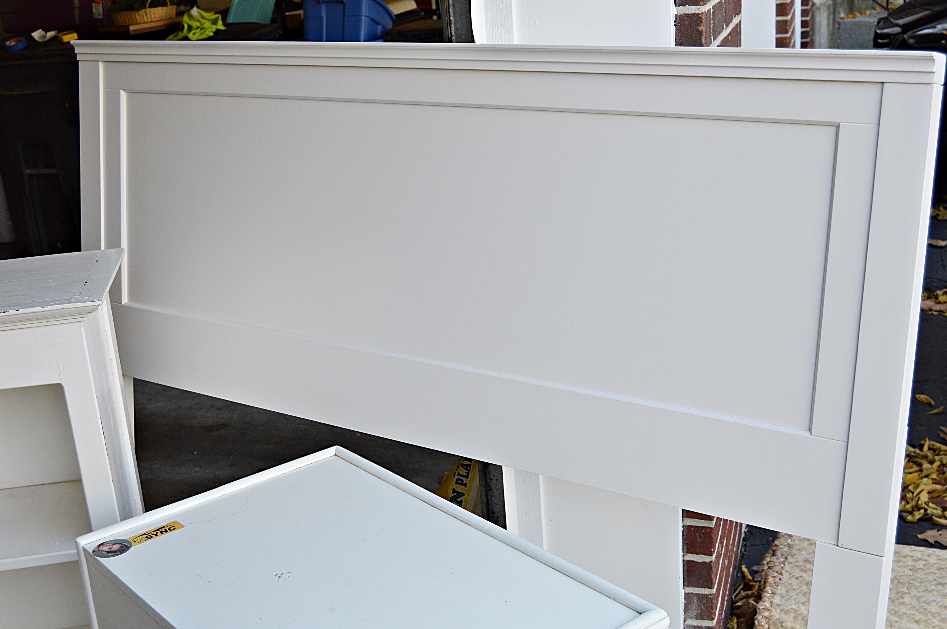 Pottery Barn White Painted Bed Headboard, Bookcase and Side Table