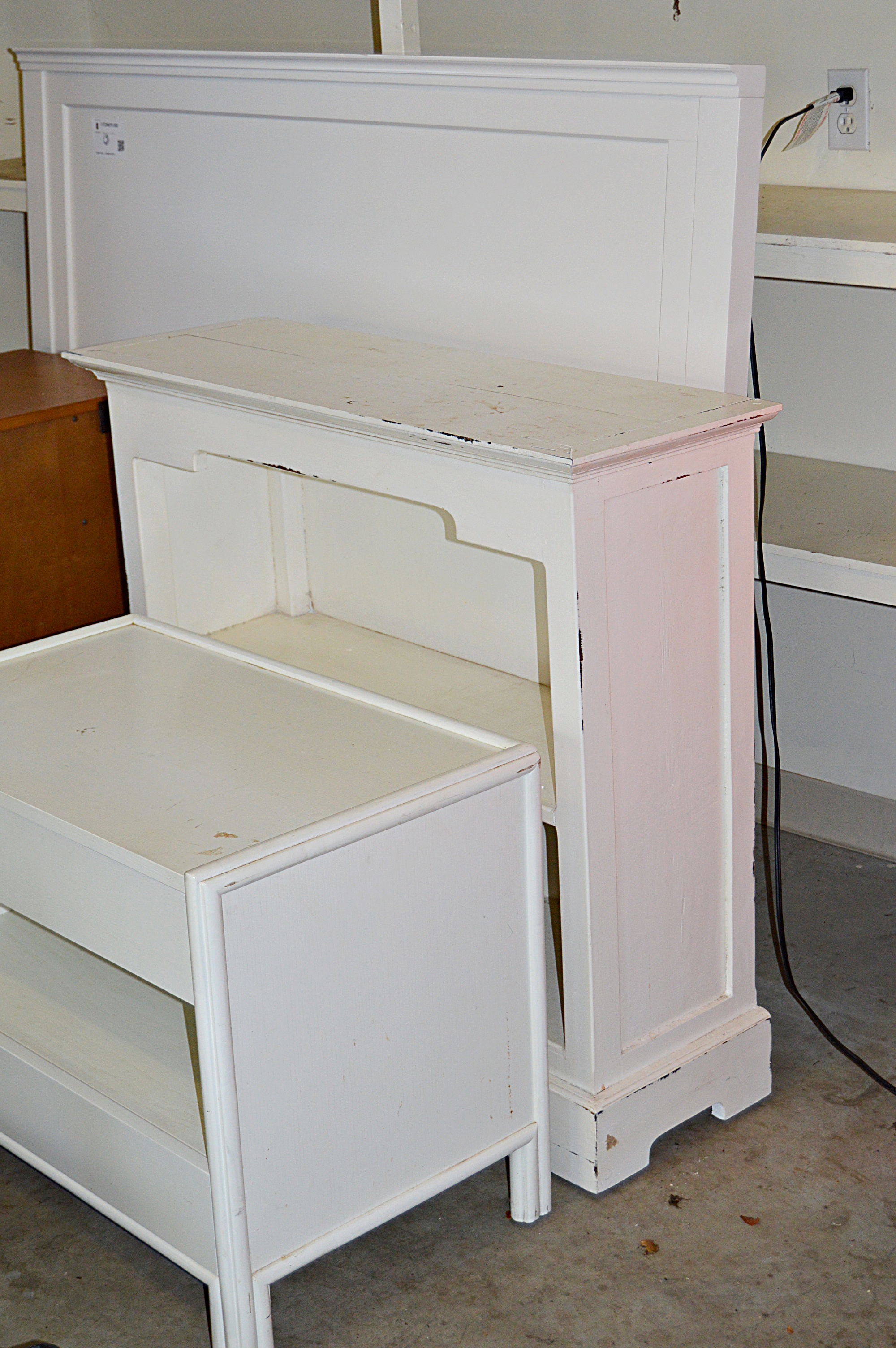 Pottery Barn White Painted Bed Headboard, Bookcase and Side Table