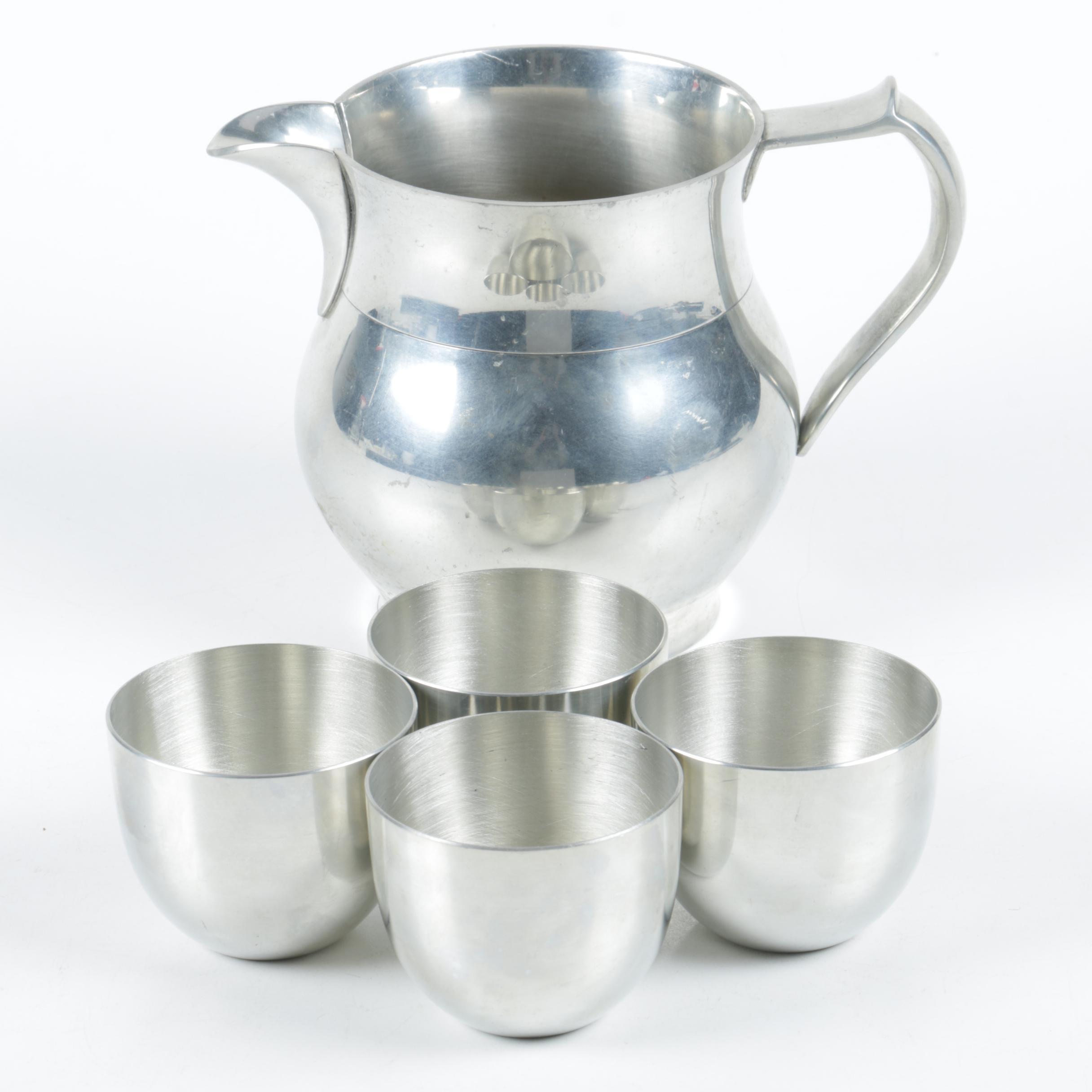 Stieff Pewter Arts and Crafts Style Pitcher and "Jefferson" Cups
