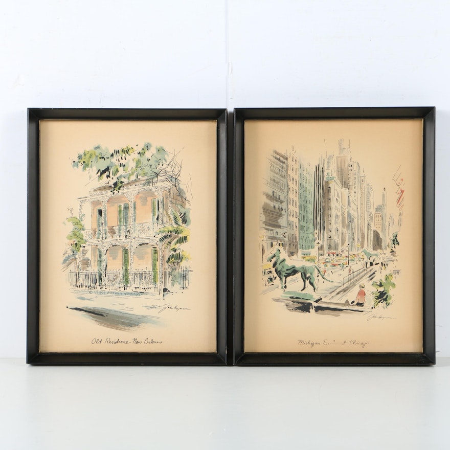 Hand Colored Serigraphs after John Haymson of City Street Scenes