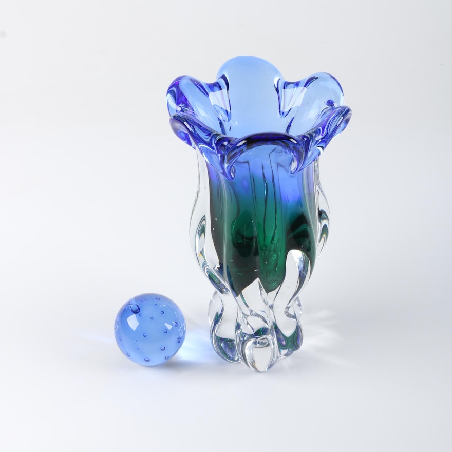 Blue Art Glass Vase and Paperweight By Dynasty Gallery