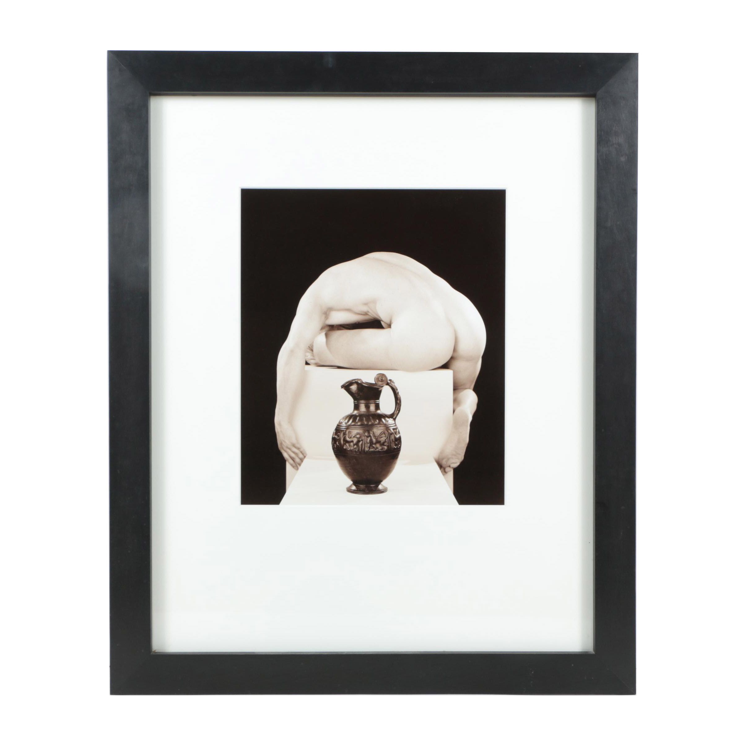 Len Prince Gelatin-Silver Photograph Contorted Male Nude Figure With Vase