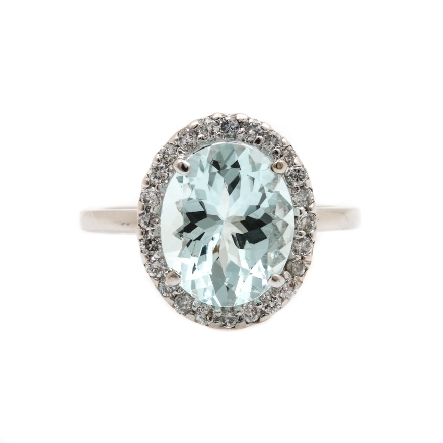 14K White Gold 3.17 CT Aquamarine and Diamond Ring